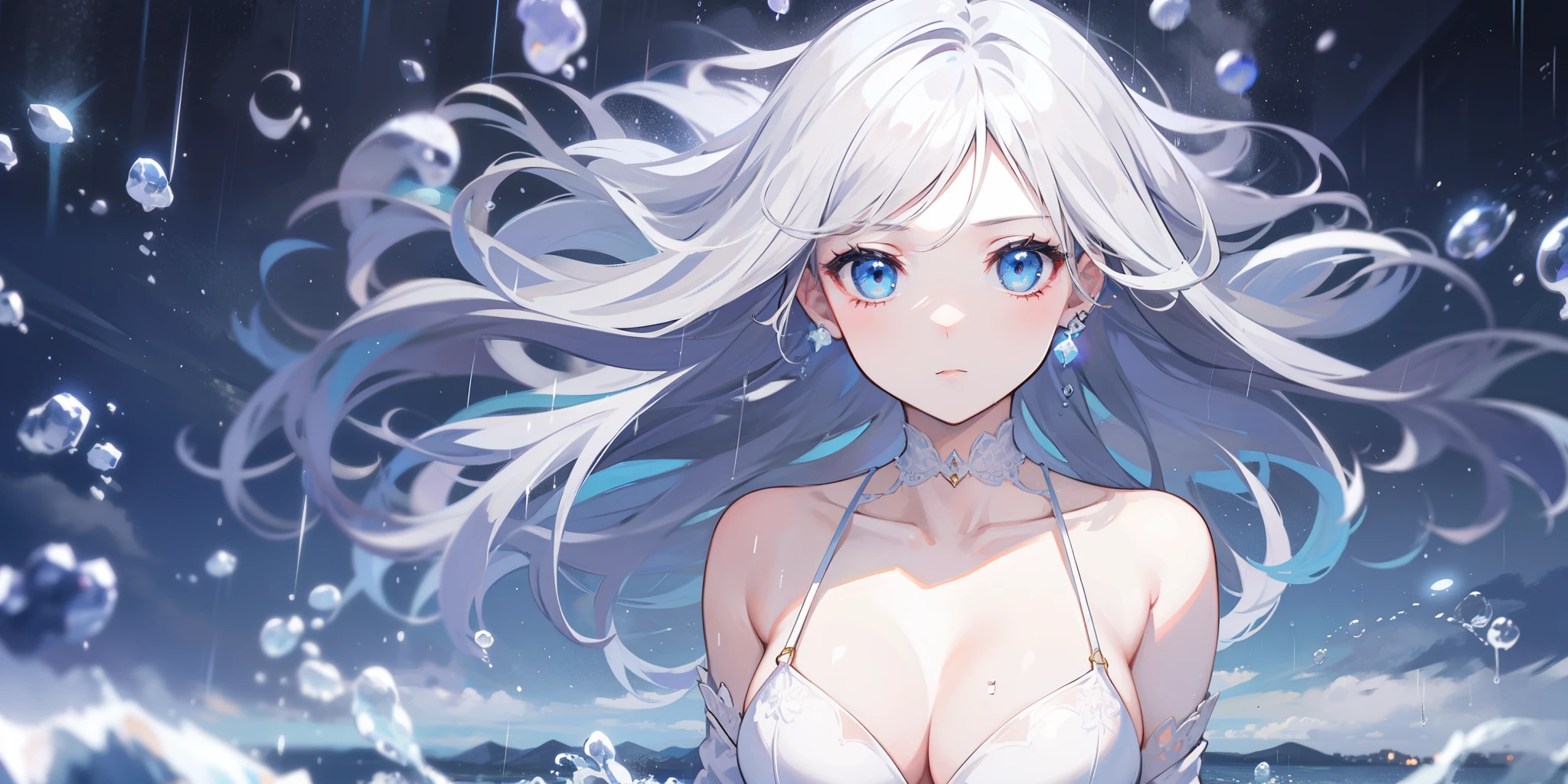 {masterpiece, 1girl, rain}, {dynamic pose, dramatic camera, cinematic campera}, {intricete details, glow_white_particles, sky bubbles, disheveled hair},