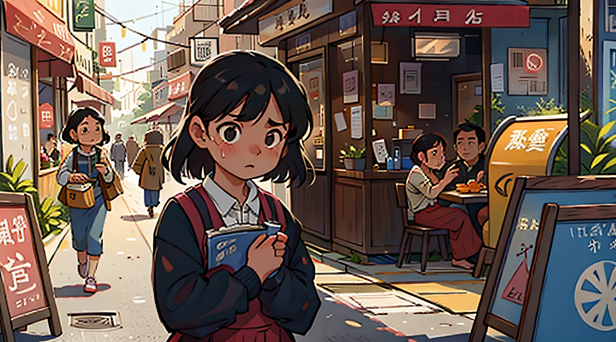 A girl walks down the street,Passing by a restaurant,See a couple dining inside,A pained expression appeared on the girl's face。Surrounded by bustling crowds and bustling streets。Presented in a realistic style。