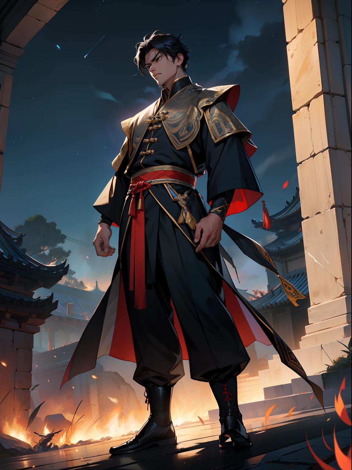 of a guy,Douluo Continent costume,standing on your feet,nigth,Black hair,Fierce,。