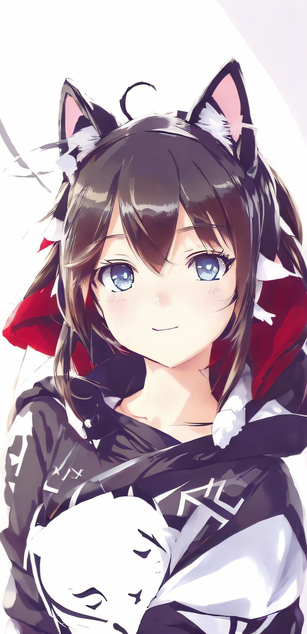 Draw a girl with cat ears and a hoodie, From Arknights, detailed portrait of an anime girl, [[[[grinning evily]]]], from girls frontline, Also, anime shading), Fine details. Girl Front, Loli, Anime style portrait, monochrome artwork!!, anime portrait, anime moe art style, hana yata，red pupils，blue attire