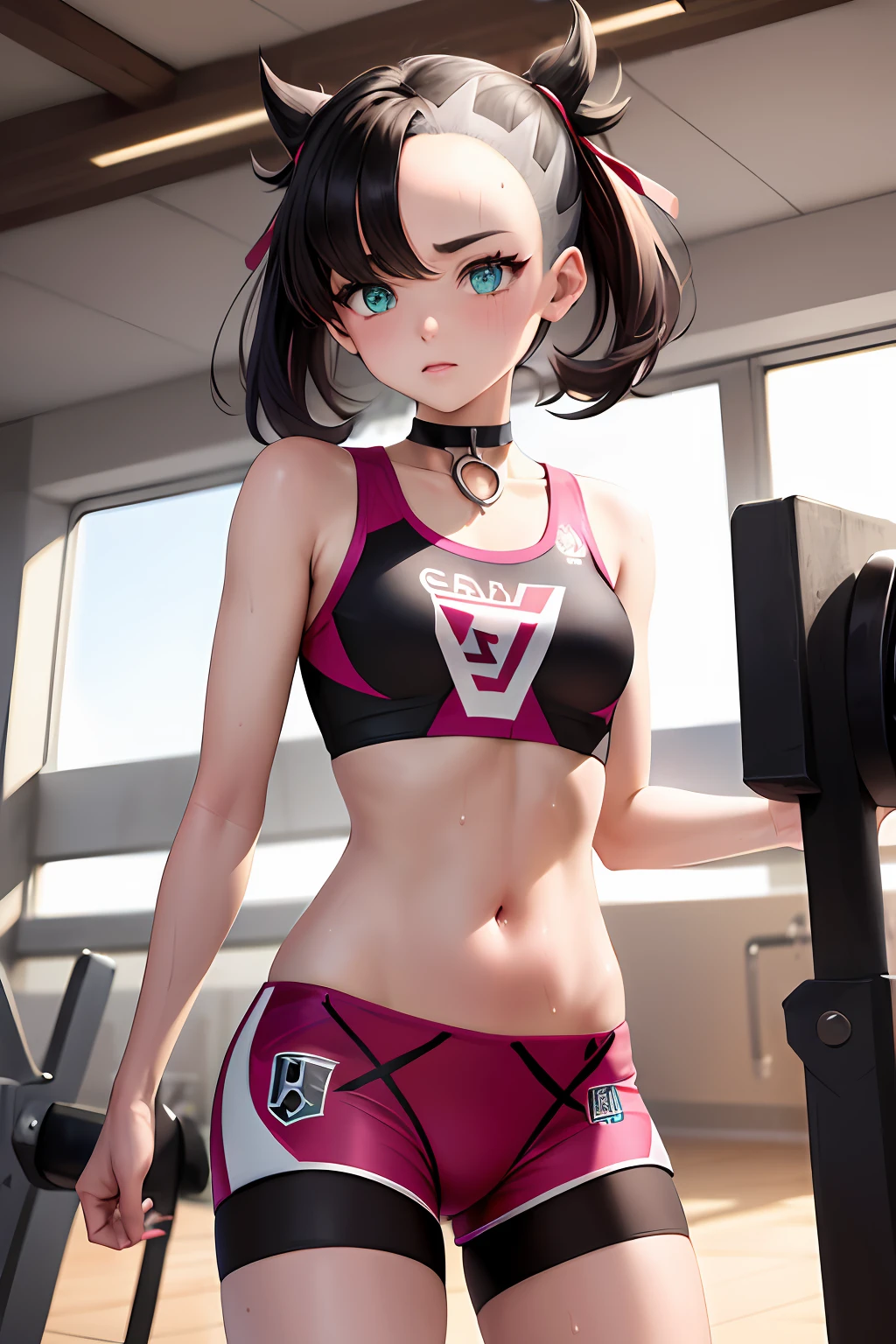 masterpiece, best quality, highres, hmmarnie, sparkling aqua eyes, choker, hair ribbon, model like looks, idol grace, sports bra, tight shorts, trunks, camel toe, cowboy shot, standing, gazing at viewer, sweaty, sweat drip, gym setting, gymnasium, blush