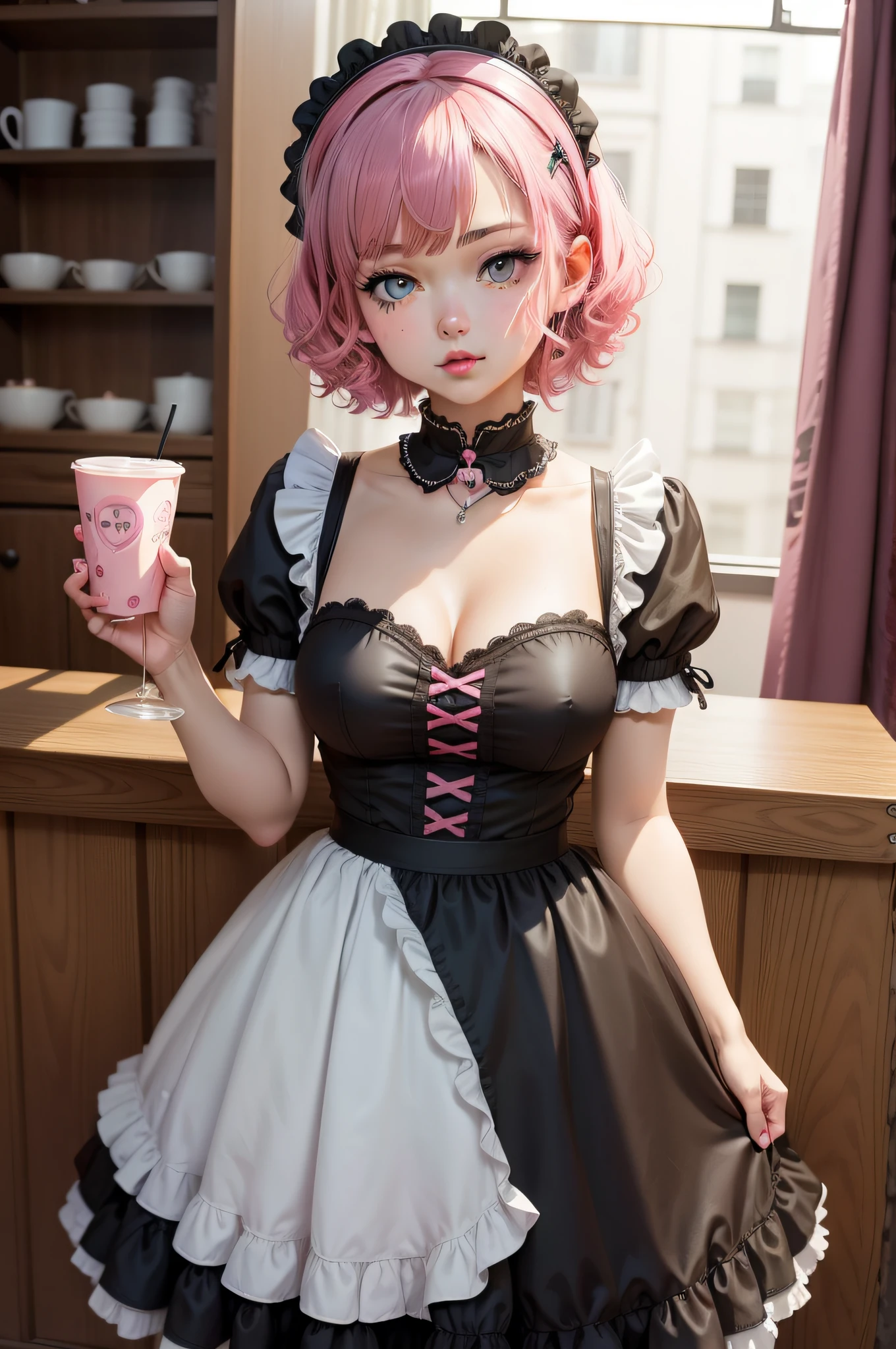 goth girl with pink n black short curly hair, cute, neko, cat anime girl, maid, cute maid dress, waitress, maid cafe, bright eyes, beautiful, cute, , blue eyes, cat ears, cat ear headband, pretty girl, cute maid, pink apron