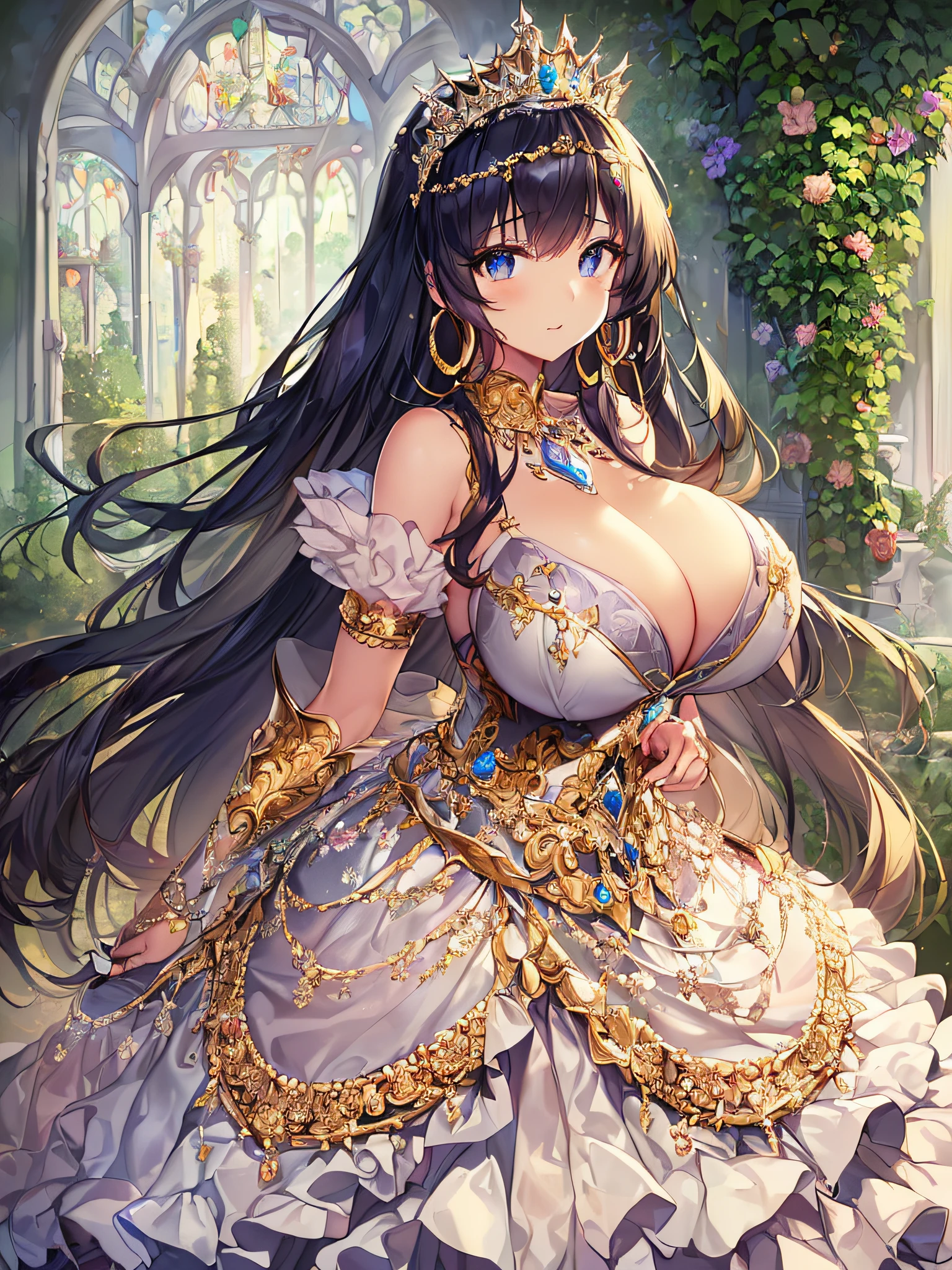 ((anime artstyle)),(Masterpiece),(Best Quality), (Super Detail),((Very Delicate and Beautiful)),(((Solo))),((full body portrait)),(((1 princess in gorgeous princess ballgown with voluminous full length hoop skirt))),((crinoline)),Long train,((standing in garden)),(gorgeous gemstone jewelry),detailed face and eyes,jewel-like eyes,((large amount of straight hair,extremely voluminous Hair,Very Long Straight Hair)),((gigantic tits,Long tits)),cleavage,extremely gorgeousfull hair ornament,((bling-bling extremely gorgeousfull jeweled tiara)),((Dynamic Angle)),Looking at viewer,,flowers,flower petals flowing,(((gorgeous princess ballgown with voluminous full length hoop skirt)))