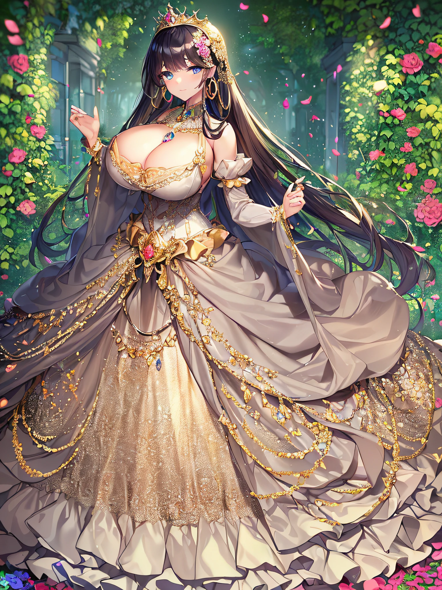 ((anime artstyle)),(Masterpiece),(Best Quality), (Super Detail),((Very Delicate and Beautiful)),(((Solo))),((full body portrait)),(((1 princess in gorgeous princess ballgown with voluminous full length hoop skirt))),((crinoline)),Long train,((standing in garden)),(gorgeous gemstone jewelry),detailed face and eyes,jewel-like eyes,((large amount of straight hair,extremely voluminous Hair,Very Long Straight Hair)),((gigantic tits,Long tits)),cleavage,extremely gorgeousfull hair ornament,((bling-bling extremely gorgeousfull jeweled tiara)),((Dynamic Angle)),Looking at viewer,,flowers,flower petals flowing,(((gorgeous princess ballgown with voluminous full length hoop skirt)))