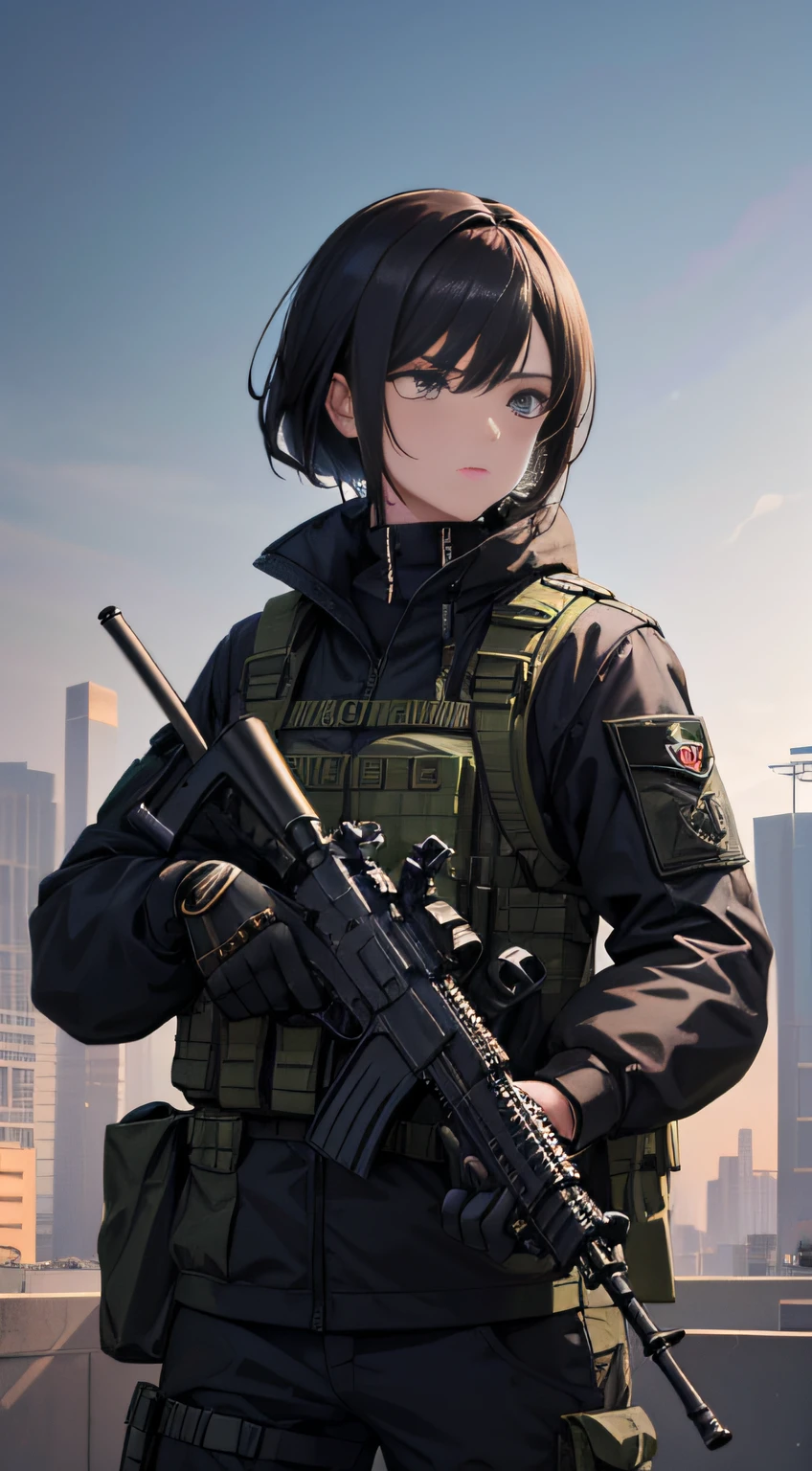 Male special forces,Dark military uniform, Man in goggles, The facial features are tough and handsome, Delicate facial features,Exquisite military uniform, Hold a gun in both hands,Assault rifle QBZ, 8K digital painting, High-quality fanart, Detail art style,The lens gazes, The upper part of the body,stereograms, tachi-e, angle of view, Atmospheric perspective, first person perspective, 8K, Super detail, ccurate, Best quality, hyper HD, Textured skin, Super detail, High details, A high resolution, 1080p