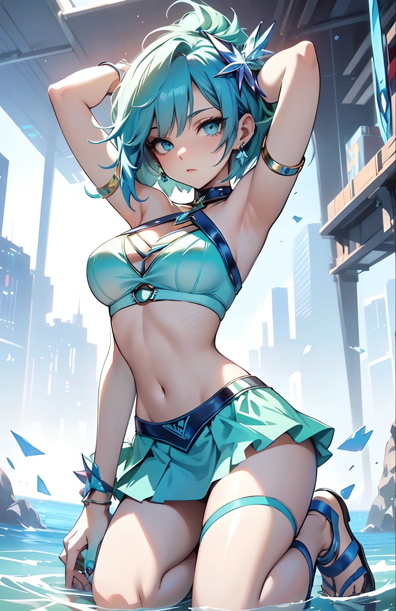 best qualityer,tmasterpiece,Ultimate resolution,downy,Extremely colorful,Colorful,waters,Sexy beauty,Short blue-green hair,blue bikini,huge tit,Crop topping,short skirt,Bare legged,(Kneeling pose),sandals,Blue manicure,Normal posture