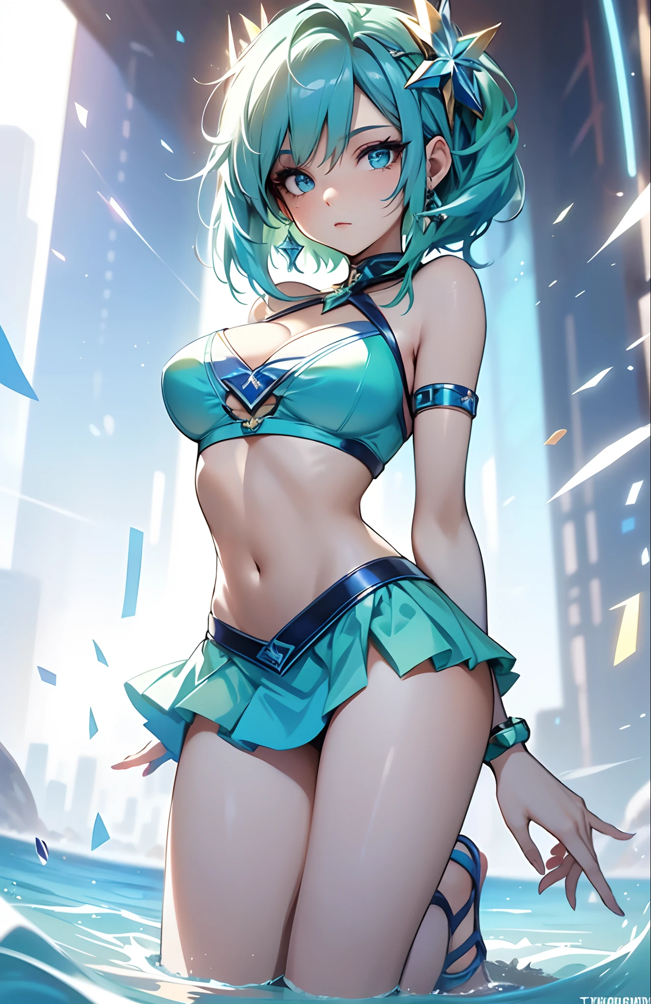 best qualityer，tmasterpiece，Ultimate resolution，downy，Extremely colorful，Colorful，waters，Sexy beauty，Short blue-green hair，blue bikini，huge tit，Crop topping，short  skirt，Bare legged，（Kneeling pose），sandals，Blue manicure，Normal posture