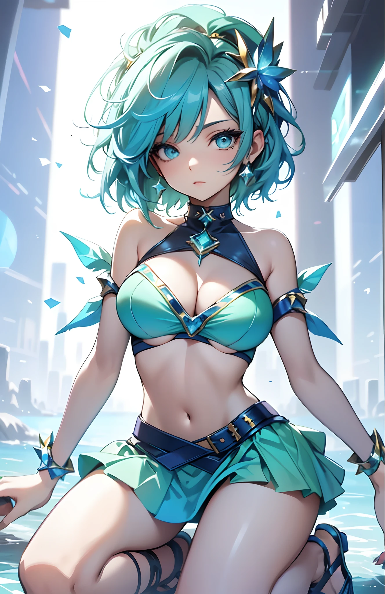 best qualityer，tmasterpiece，Ultimate resolution，downy，Extremely colorful，Colorful，waters，Sexy beauty，Short blue-green hair，blue bikini，huge tit，Crop topping，short  skirt，Bare legged，（Kneeling pose），sandals，Blue manicure，Normal posture