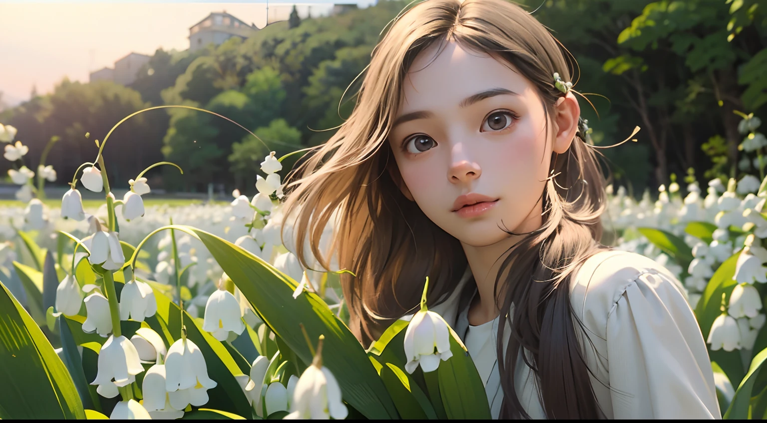 Beautiful portrait of a beautiful girl in Lily of the valley field, Full body, Science fiction,Accessories for shoes、 A detailed eye, Art Station, Sharp Focus, Photorealsitic, 35 mm, Ultra Detail, 4 k, radiant light