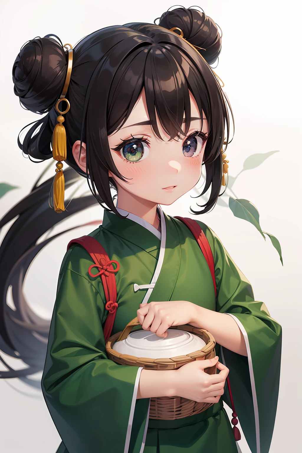 8 girl,Wearing green Chinese modern minimalist clothing,Cute expressions,Big round eyes,Cute little mouth,Two hair buns,Large leaves grow on the back of the head,She was carrying a small basket,style of anime,shuimobysim , Traditional Chinese Ink Painting,Super cute and delicate CG illustration,Ultra-detailed and ultra-high image quality,Pixiv style