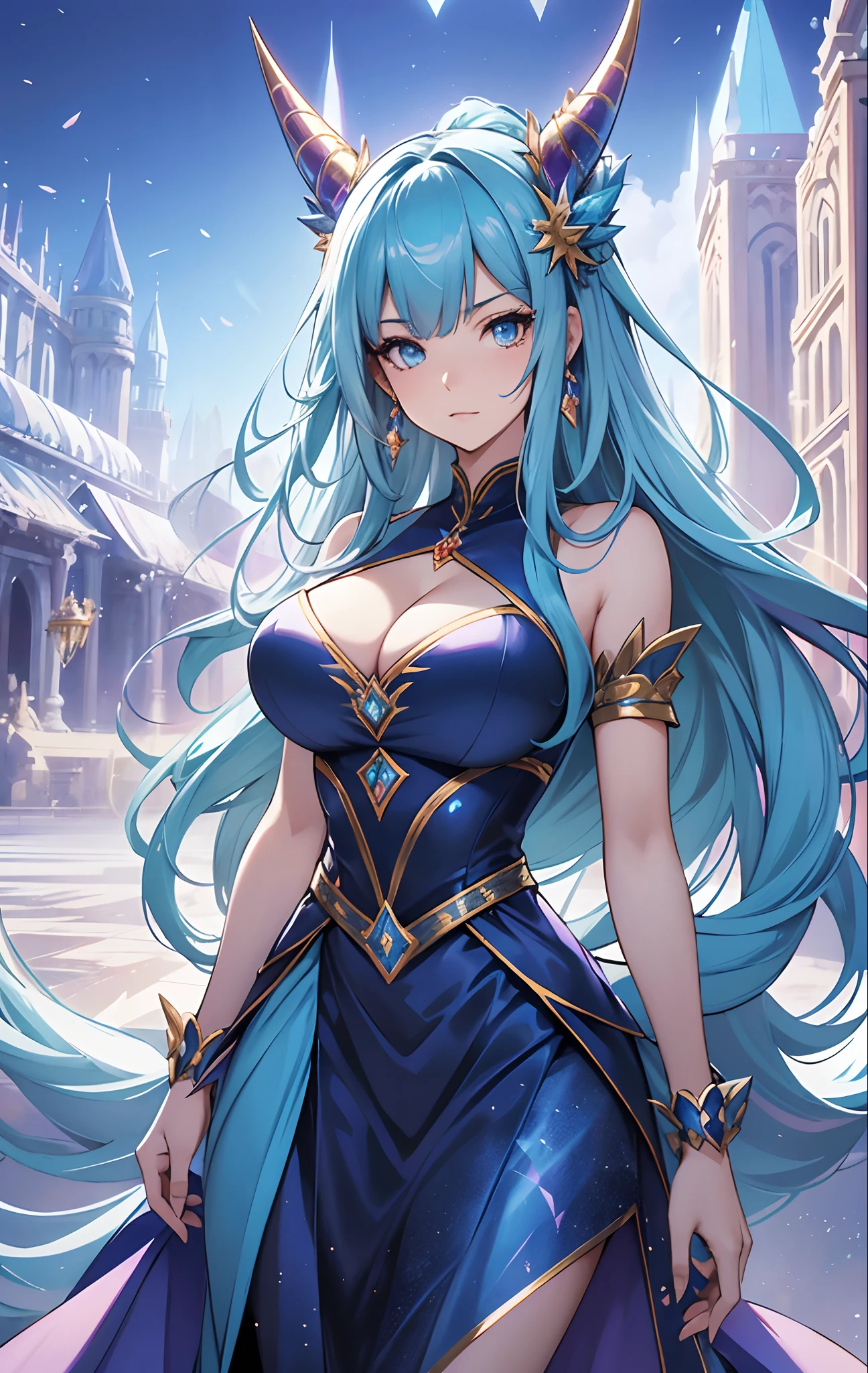 best qualityer,tmasterpiece,Ultimate resolution,downy,Extremely colorful,Colorful,palace background,A dragon girl,Royal Sister,Blue bandeau maxi dress,huge tit,A pair of dragon horns,(Ice blue super long hair),Crystal Palace background,Freeze boundaries,Normal posture