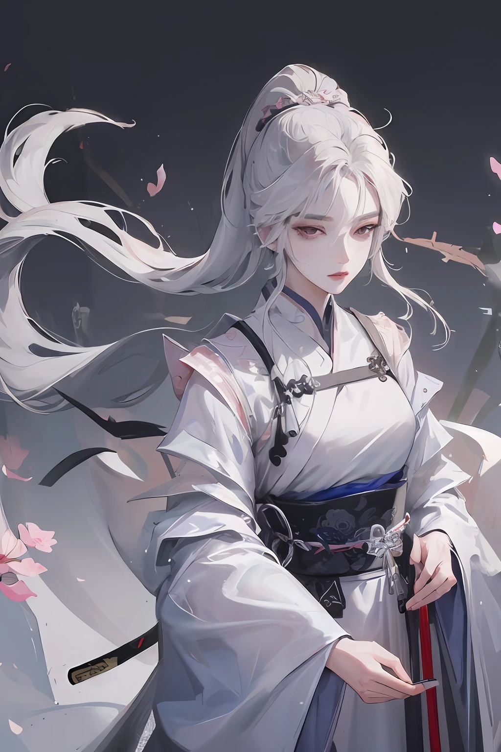 Masterpiece, Best, Night, Full Moon, 1 Female, Mature Woman, Chinese Style, Ancient China, Elder Sister, Royal Sister, Cold Face, Expressionless, Silver White Long Haired Woman, Pale Pink Lips, Calm, Intellectual, Three Belts, Gray Hitomi, assassin, dagger, flower ball background, street view