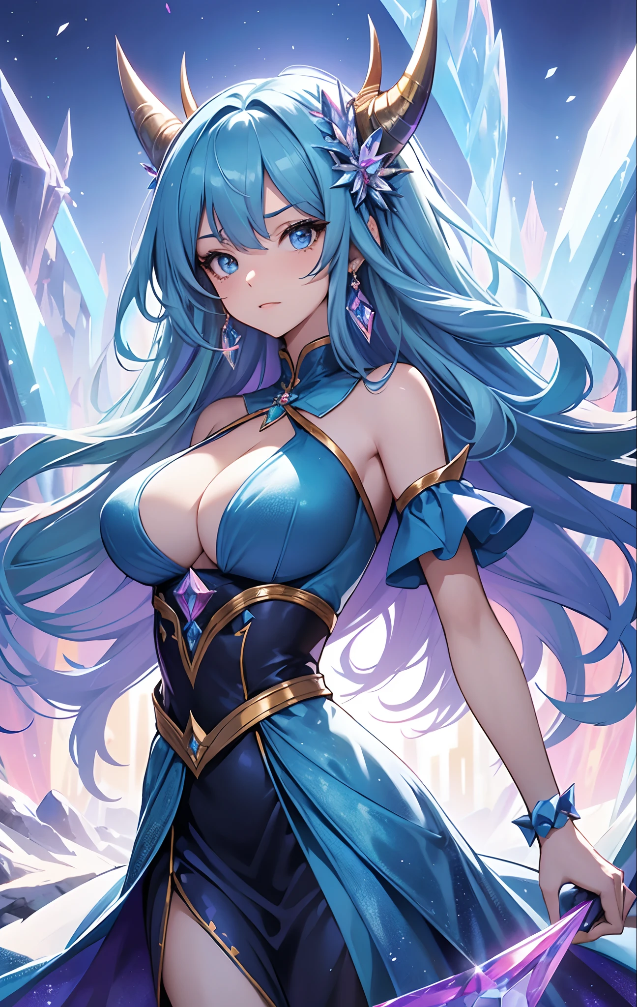 best qualityer,tmasterpiece,Ultimate resolution,downy,Extremely colorful,Colorful,palace background,A dragon girl,Royal Sister,Blue bandeau maxi dress,huge tit,A pair of dragon horns,(Ice blue super long hair),Crystal Palace background,Freeze boundaries,Normal posture
