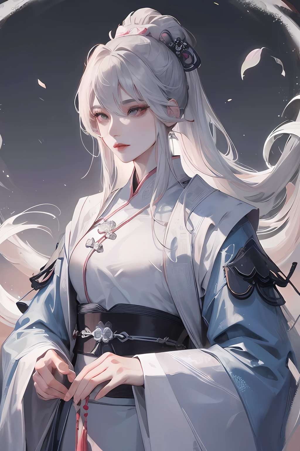 Masterpiece, Best, Night, Full Moon, 1 Female, Mature Woman, Chinese Style, Ancient China, Elder Sister, Royal Sister, Cold Face, Expressionless, Silver White Long Haired Woman, Pale Pink Lips, Calm, Intellectual, Three Belts, Gray Hitomi, assassin, dagger, flower ball background, street view