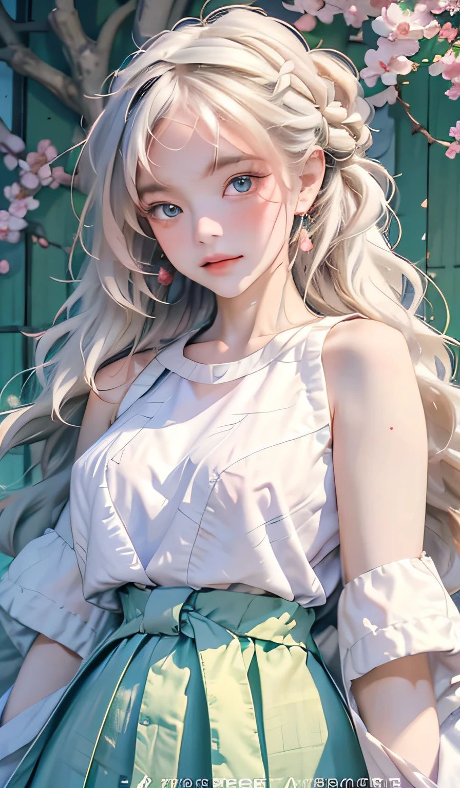 There is a girl in a short green dress, plum blossoms, oriental architecture ray tracing, best quality, masterpiece, extremely detailed 8K wallpaper, colorful, intricate details, cold white skin, (meticulously portrayed blush), soft cute, messy beauty, bright and silky skin, beautiful eyes, peach blossom eyes, an extremely delicate and beautiful girl, white skirt, upper body,