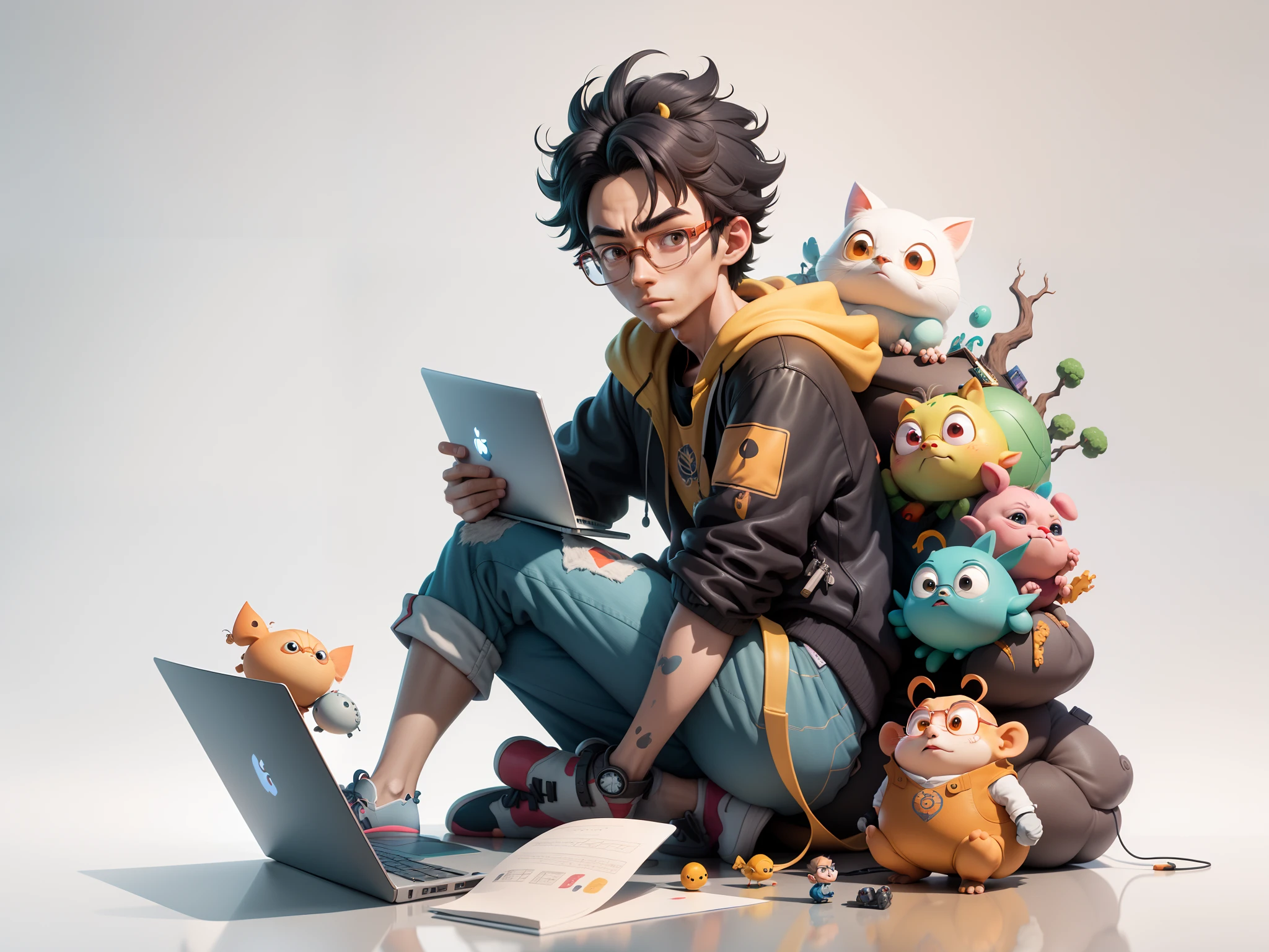 A young man with glasses sits at his desk,holding laptop,digitial painting,3D character design by Mark Clairen and Pixar and Hayao Miyazaki and Akira Toriyama,4K HD illustration,Very detailed facial features and cartoon-style visuals。