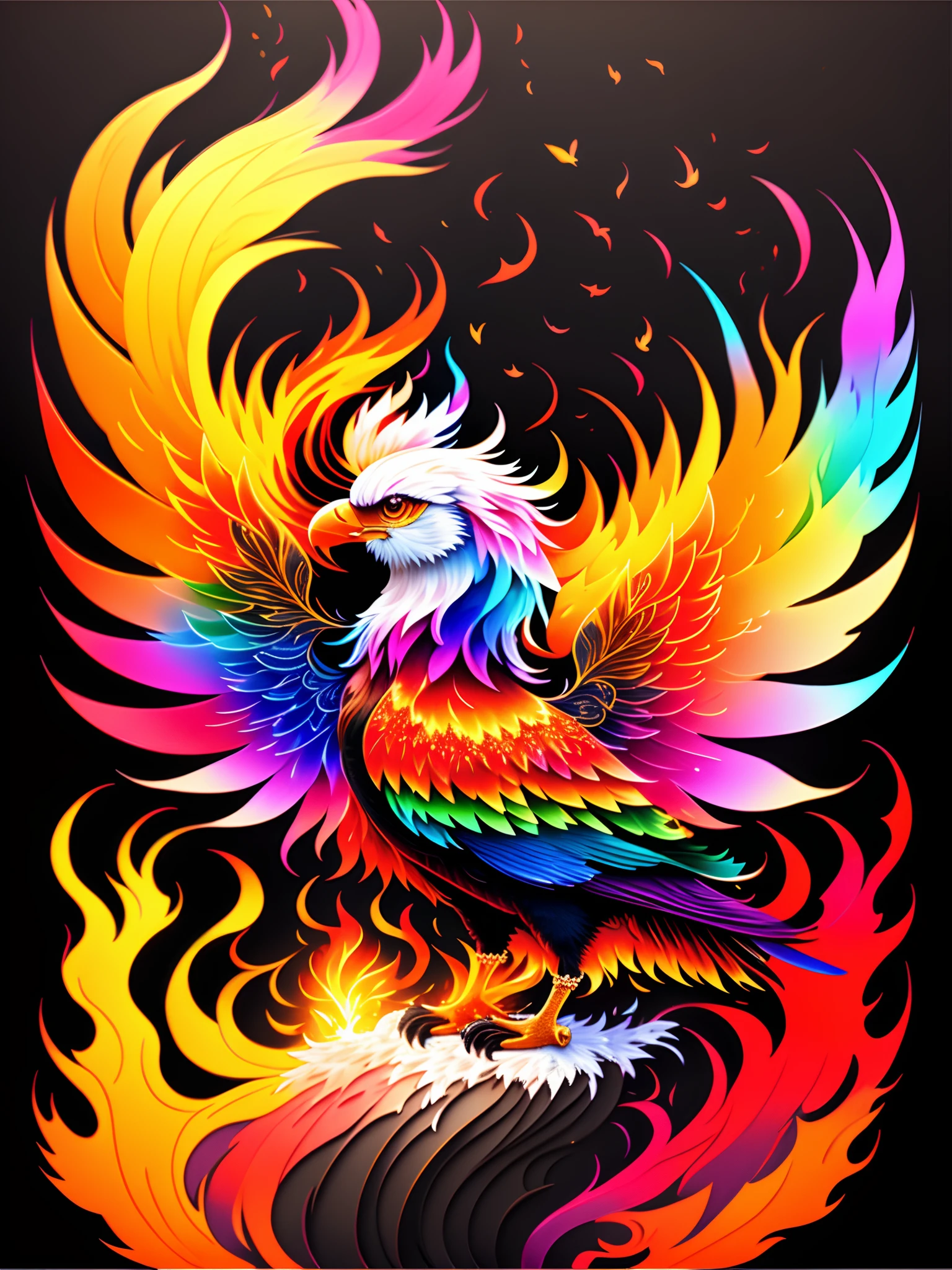 a painting of a colorful bird on a black background, phoenix rising from the ashes, breathtaking render, within radiate connection, inspired by Kinuko Y. Craft, melting into vulpix, magical elements, white eagle icon, wow it is beautiful, casting a multi colored spell, bright flare, flare