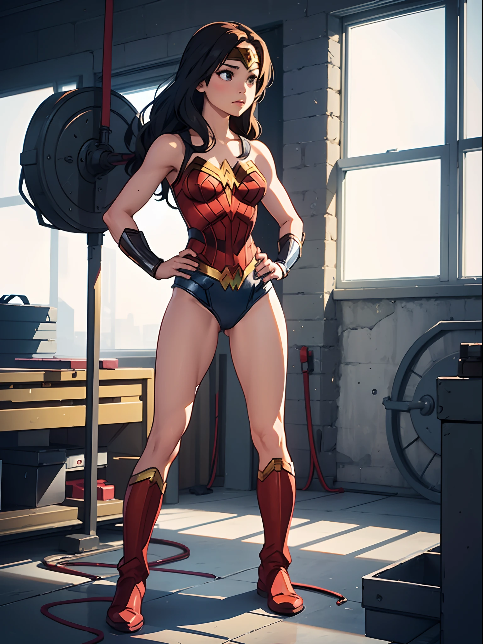 1girl, solo, ((leotard, bare legs)), boots, standing, hands on hip, Wonder Woman