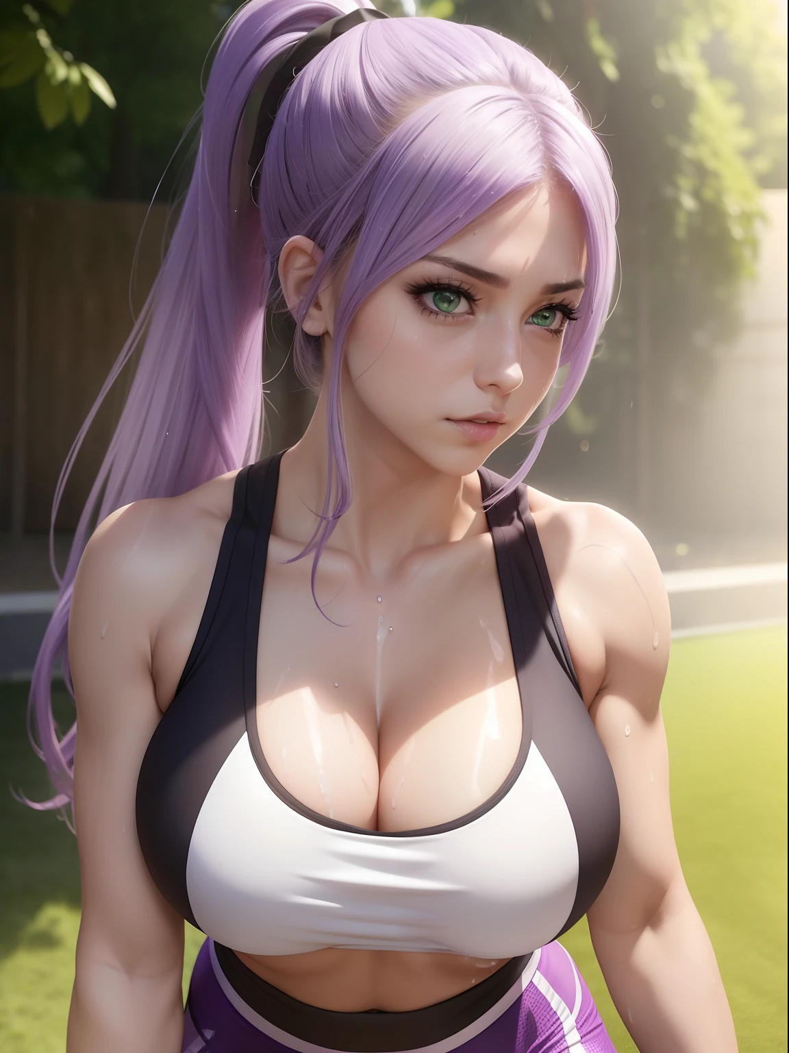 1girl, green eyes, cleavage, big boobs, soft abs, long light purple lilac hair in ponytail, extremely detailed, best quality, sweaty, dripping sweat, slightly muscular arms, matching black and white sports bra and leggings, outside, sunny, close up, forward facing