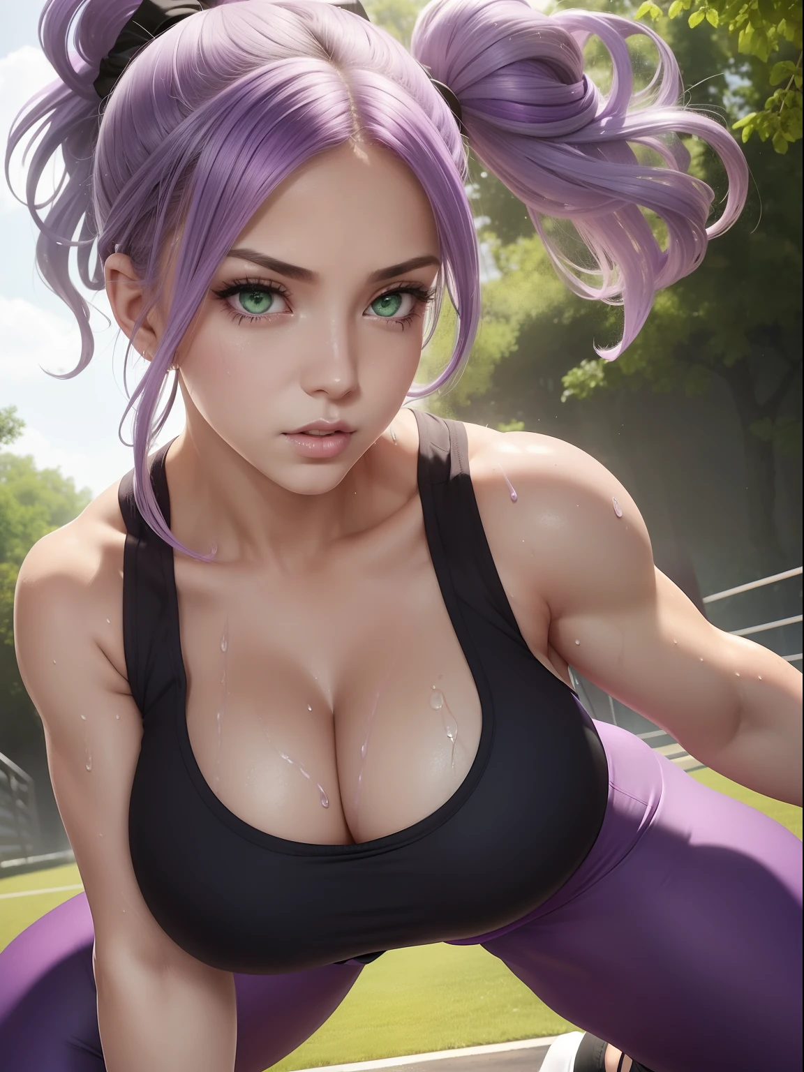 1girl, green eyes, cleavage, big boobs, soft abs, long light purple lilac hair in ponytail, extremely detailed, best quality, sweaty, dripping sweat, slightly muscular arms, matching black and white sports bra and leggings, outside, sunny, close up, forward facing