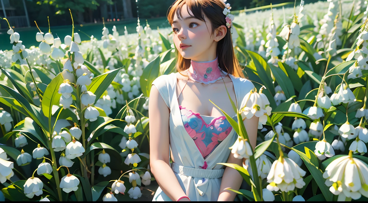 Beautiful portrait of a beautiful girl in Lily of the valley field, Full body, Science fiction,Accessories for shoes、 A detailed eye, Art Station, Sharp Focus, Photorealsitic, 35 mm, Ultra Detail, 4 k, radiant light