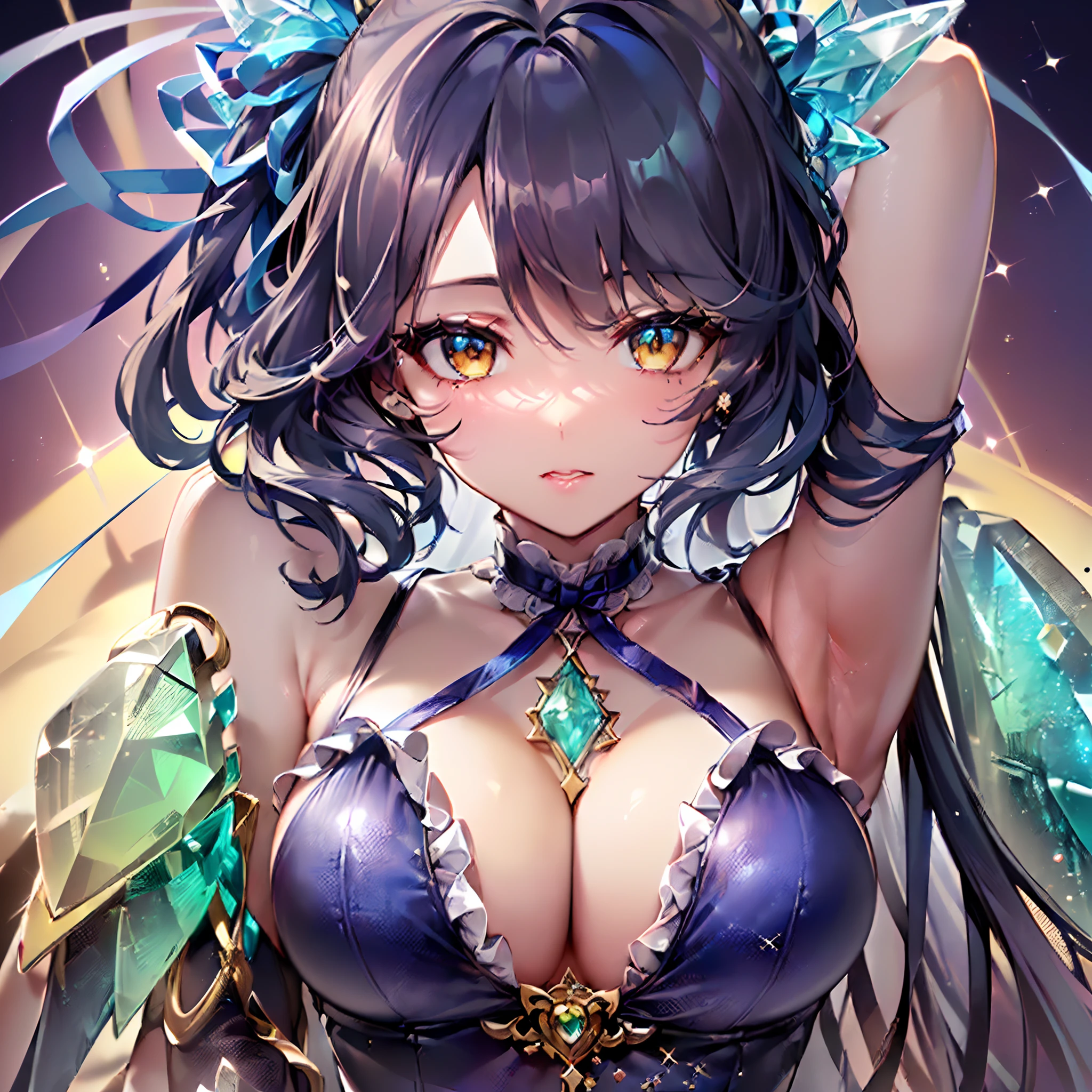 (masutepiece) ((Kaleidoscope)) ((Harmonious)) (ultra-quality) (very exquisite) (Professional Balance) (absurderes) (1人の女性) ((fullllbody)) (((Fine-grained body lines))) ((realisitic:0.75)) (zettai ryouiki) (Hi-Res Textures)   (Clearly draw the shape of the nose) ((Exposure 1:0.25)) (((Shiny skin))) (X Hair Ornament) (Ornament Heart(Glitter Bangle) (((((Phosphophyllite color、Hair up to the apex))))) (Wave hair) (Quality and beautiful finger placement) (Fine, Beautiful clean hands) (It clearly depicts the reflection of small white light in the pupil, which adds depth to the pupil) (((top-quality、Elegant yellow detail eyes))) (((Ultra Definition Masterpiece Highest Quality:1.2 4DCG high quality))) (Highly detailed face and eyes) (24-year-old woman) (Model body type) (Slender and long legs) (A slender) (mascara) (eyeshadows) (eye liner) (Glossy lipstick) (((((White Blue Ash× Angel Ribbon× Micro Bikini× Ruffles))))) ((((Beautiful sunset beach)))) (Sunset beach) (((H-cup breasts supported by arms(((emphasized)))))) (((Dainty appearance))) (((Background with:Subject ratio:1:1))) (((NSF1:1.25))) (((Close-up of bust))) (((Harenchi Pose)))