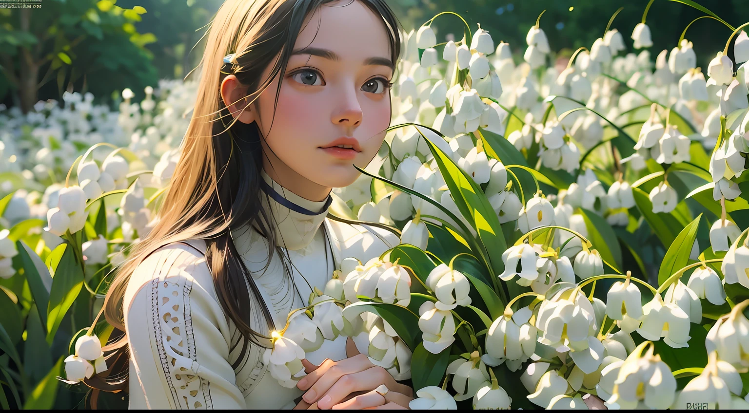 Beautiful portrait of a beautiful girl in Lily of the valley field, Full body, Science fiction,Accessories for shoes、 A detailed eye, Art Station, Sharp Focus, Photorealsitic, 35 mm, Ultra Detail, 4 k, radiant light
