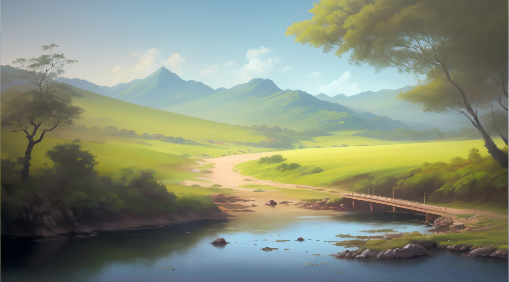 pintura de uma paisagem de montanha com um riacho e uma ponte, papel de parede de paisagem, Pintura digital 4k, Arte bonita UHD 4K, Pintura digital 4K, Pintura digital fosca 4K HD, arte de fundo, Pintura Digital HD, Pintura Digital HDR, pintura digital bonita, Pintura digital de fantasia, 8k resolution digital painting, 8k resolution digital painting, paisagem de sonho