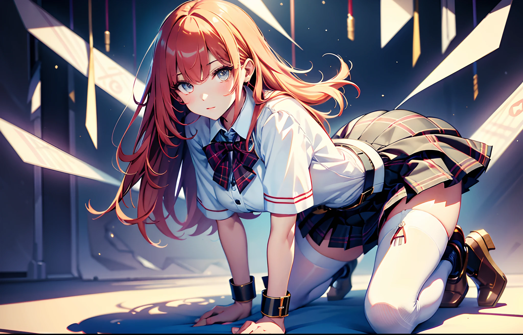 best qualityer,tmasterpiece,Ultimate resolution,downy,Extremely colorful,mature pretty woman,(JK school uniform),neck bowtie,Plaid skirts,(Beauty severed head),Normal posture,Redlip,Collar,Kneeling pose,(point you by ass),shackle,behead,guillotine,behead,Collar,handcuff,Anklets,(white stockings),Mary Jane shoes,Normal posture