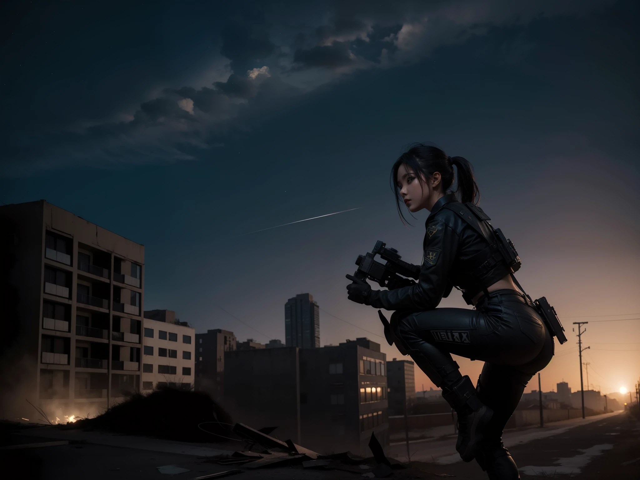 photo, background of Abandoned City, night sky, young bimbo woman wearing broken combat suits, action pose, dawn lighting from side, soft shadow