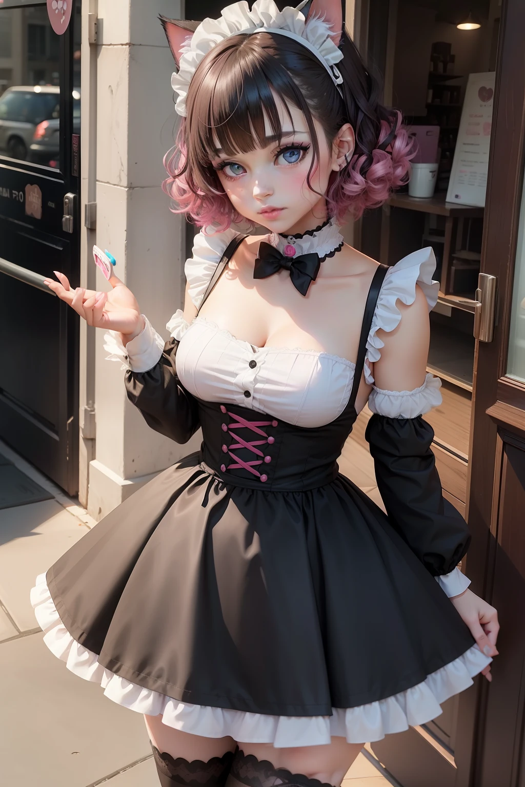 goth girl with pink n black short curly hair, cute, neko, cat anime girl, maid, cute maid dress, waitress, maid cafe, bright eyes, beautiful, cute, teen, blue eyes, serving food, blushing girl