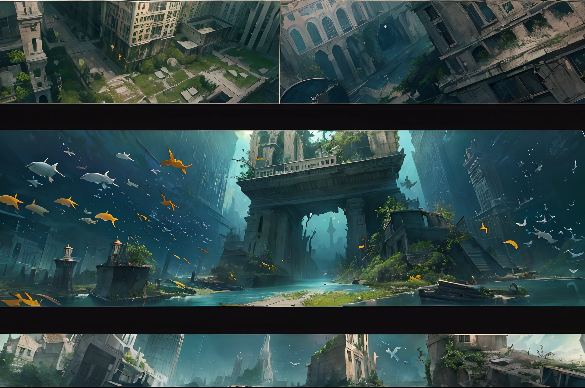 (best quality), (masterpiece), (photorealistic), (realistic), very detailed, unity 8k wallpaper, very detailed CG, ray tracking, sharp shadows, great detail, depth of field, super detailed background, crumbling civilization, submerged City, green swallowed and decaying city, submerged and collapsed City, broken landmark tower in the middle, no electricity, bird paradise, plant life, crystal clear water, calm water, wide starry sky, Shooting Star, underwater cityscape, Water Creatures, ruined city, wide shot, (short sideburns:1.3), (very short back & very short sides, very short hair:1.3),
