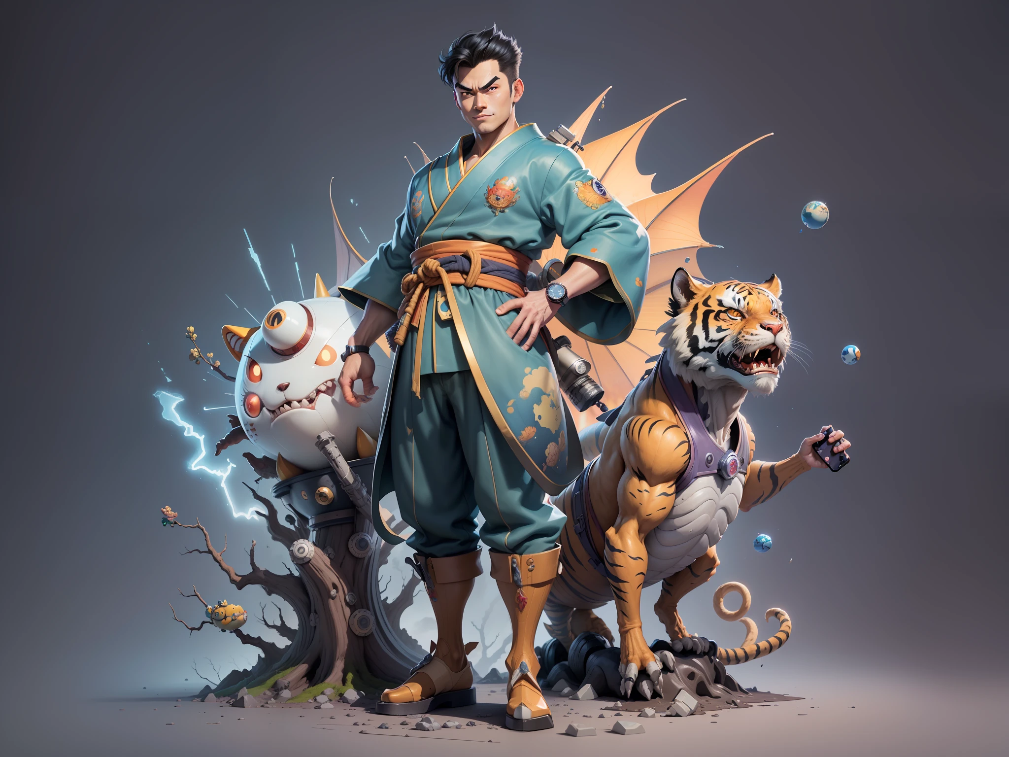 (Masterpiece), (Excellent), (Super Meticulous), (Full Body: 1.2), Super Young Man, Oriental Face, Japanese Kimono, Japanese Wind Thunder God, Dragon, Tiger, TV Anchor, Bust Portrait Illustration, Alone, Black Suit, Blue Tie, Slightly Chubby Face, Very Clean Face, No Beard, Black Super Short Hair, Black Eyes, Confident Smile, 3c Computer Sub-Products, iPad, iPhone, Digital Painting, 3D Character Design by Akira Toriyama and Mark Claireden and Pixar and Hayao Miyazaki, The illustration is a high-definition illustration in 4K resolution with very detailed facial features and cartoon-style visuals.