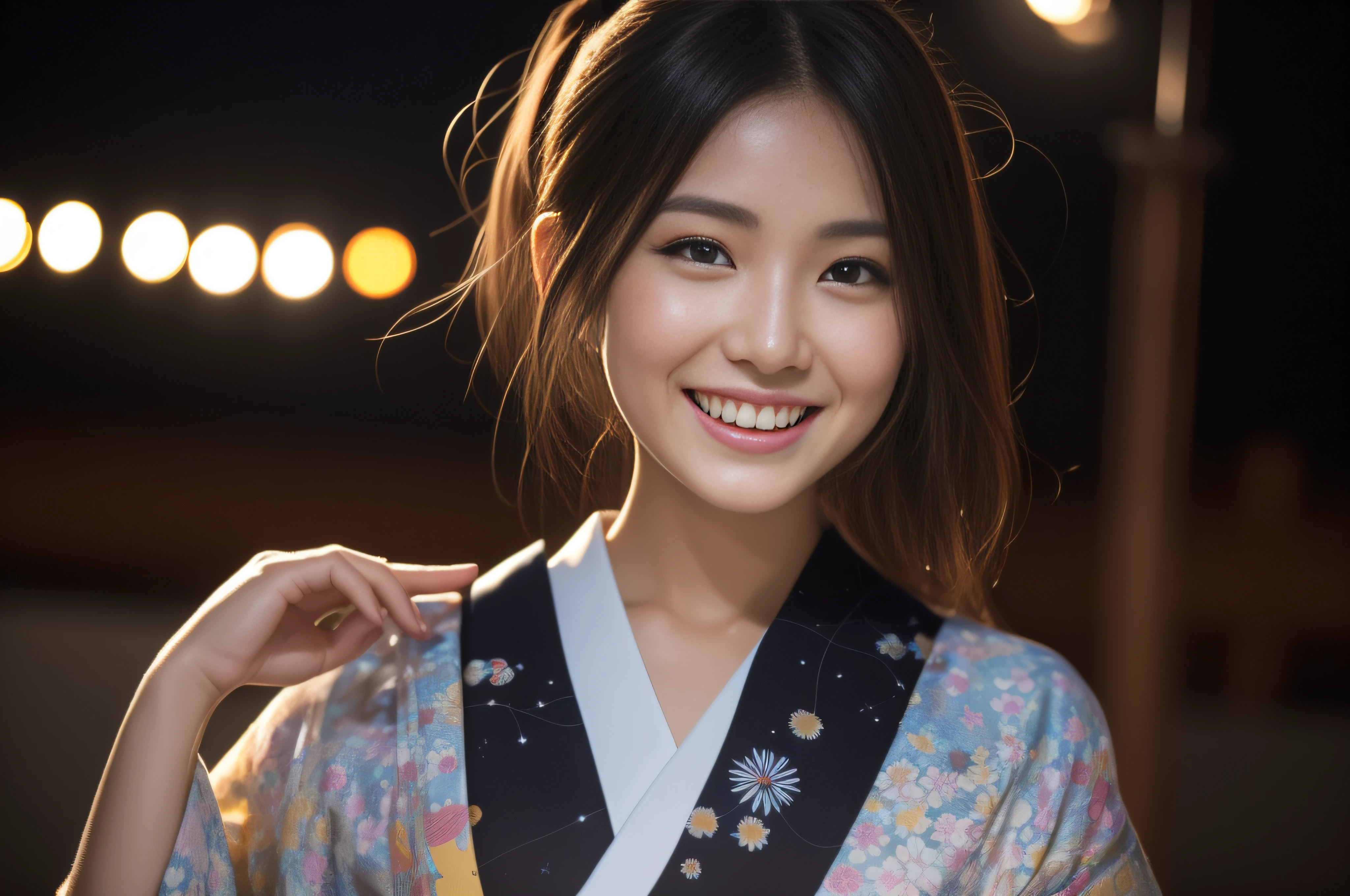 （filmgrain：1.4），（Fuji colors：1.2）, No makeup，Clear pores，1 cute Japanese girl, 26 year old, Extremely detailed eye clarity，Detailed skins，Realistic skin texture，Real skin texture，Highly Detailed Face and Skin Textur，(D cup，broad shoulder，Small round buttocks，Small head, Slender thighs, Slender calves, Wear a traditional Japanese kimono printed with seven nail textures), (cabelos preto e longos/Hippie fever/Hair tied), (Laughing heartily)，(yokohama, Japan/looking at the stars/Watch the fireworks display), 真实感：1.3，Contre-Jour，Overlooking, Dynamic shots:1.2, Large close-up of the girl's face, All black environment, Beautiful starry sky, Ultra photo realsisim，Photo realism，Add noise:1.5, Doji diffraction,