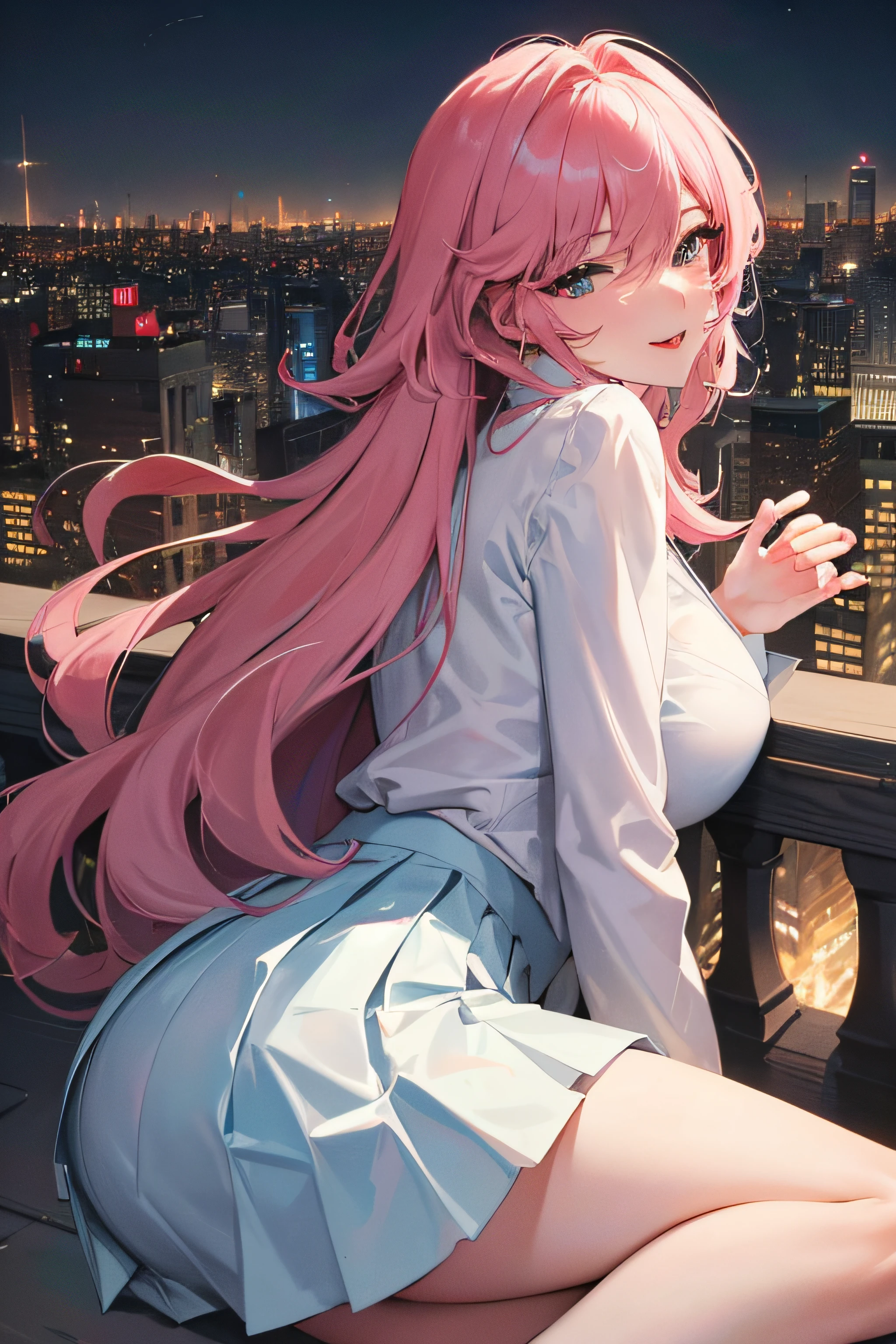 Anime girl with pink hair sitting on a ledge overlooking a city - SeaArt AI