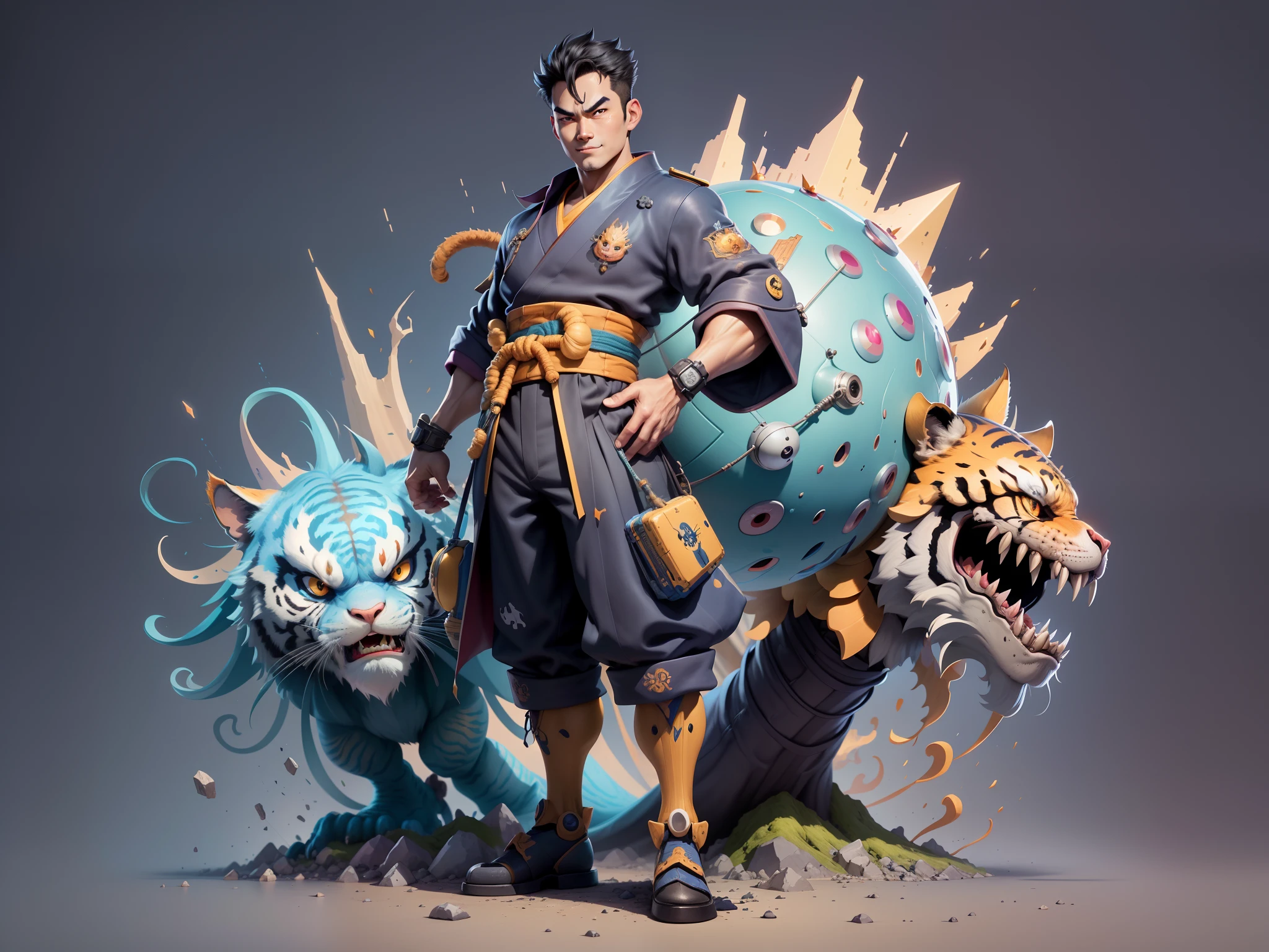 (Masterpiece), (Excellent), (Super Meticulous), (Full Body: 1.2), Super Young Man, Oriental Face, Japanese Kimono, Japanese Wind Thunder God, Dragon, Tiger, TV Anchor, Bust Portrait Illustration, Alone, Black Suit, Blue Tie, Slightly Chubby Face, Very Clean Face, No Beard, Black Super Short Hair, Black Eyes, Confident Smile, 3c Computer Sub-Products, iPad, iPhone, Digital Painting, 3D Character Design by Akira Toriyama and Mark Claireden and Pixar and Hayao Miyazaki, The illustration is a high-definition illustration in 4K resolution with very detailed facial features and cartoon-style visuals.