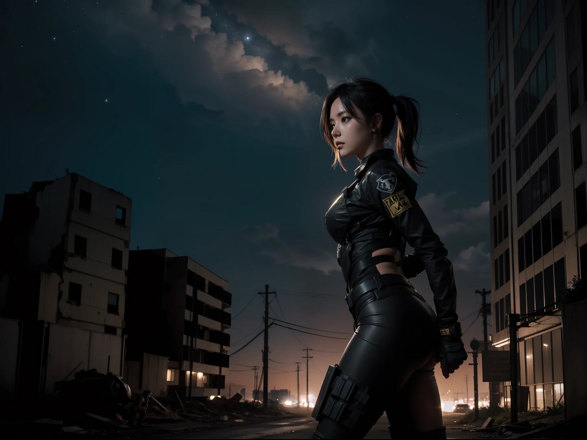 photo, background of Abandoned City, night sky, young bimbo woman wearing broken combat suits, action pose, dawn lighting from side, soft shadow