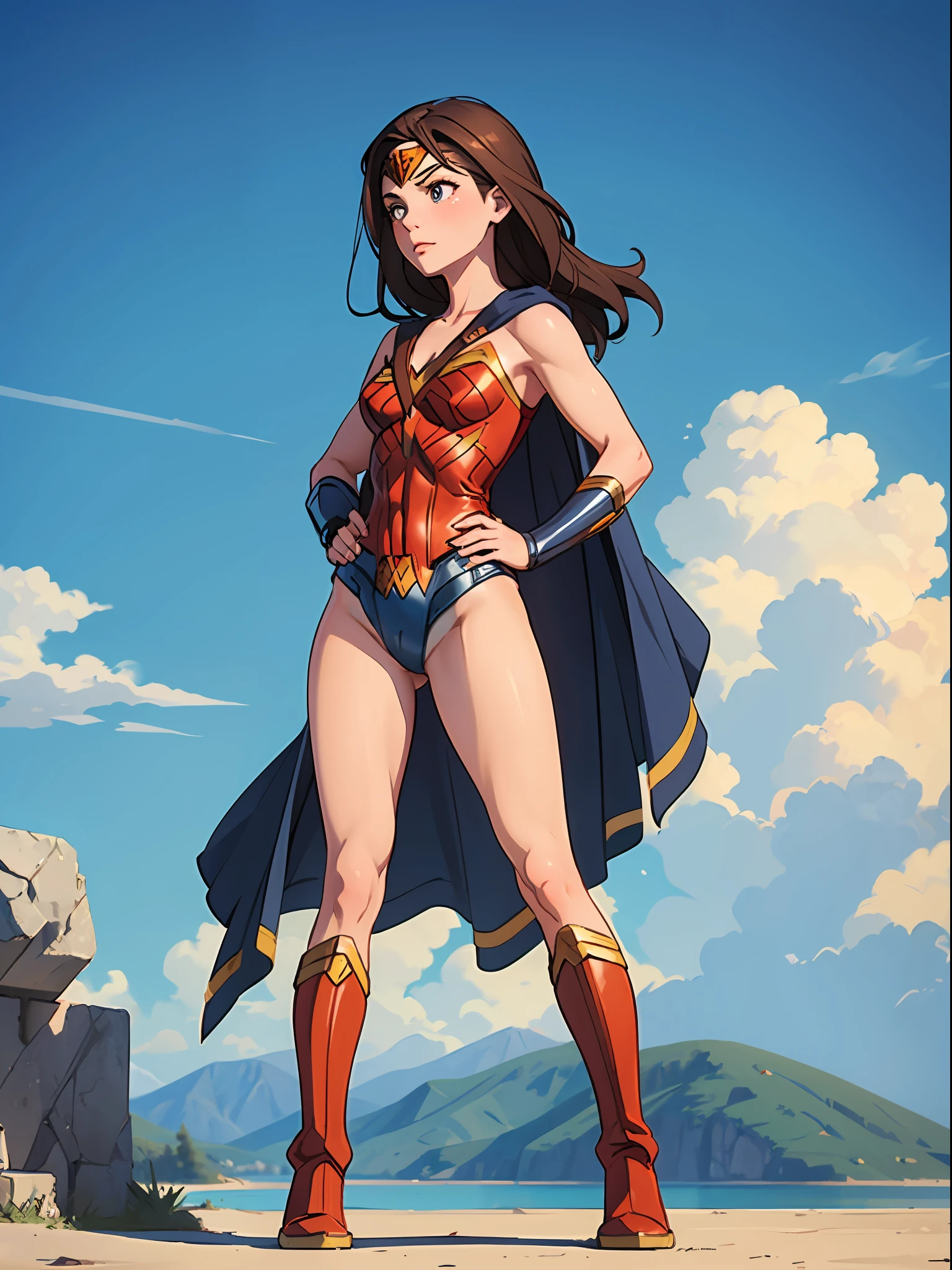 1girl, solo, ((leotard, bare legs)), boots, standing, hands on hip, Wonder Woman