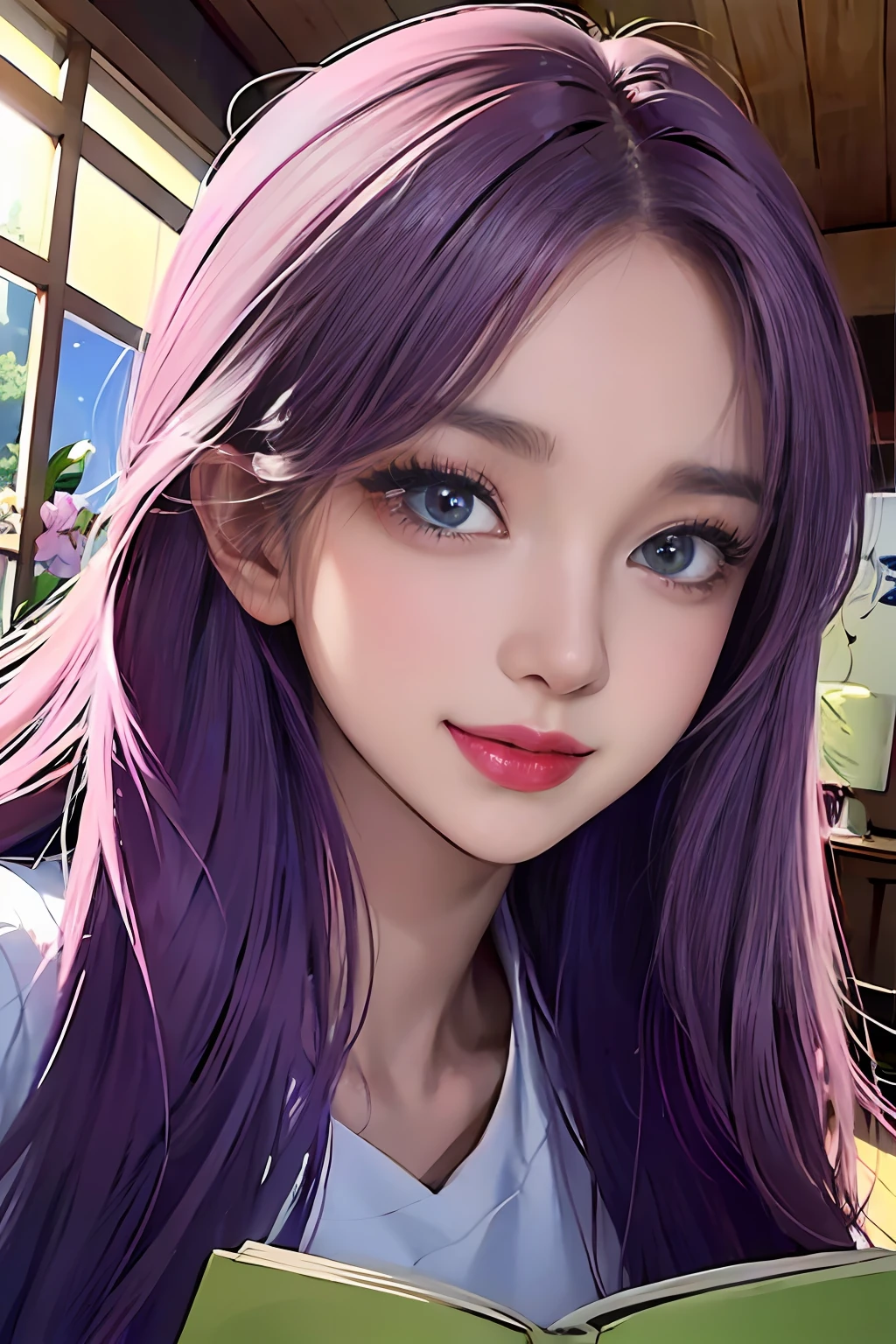 Anime girl with purple hair and blue eyes reading a book - SeaArt AI