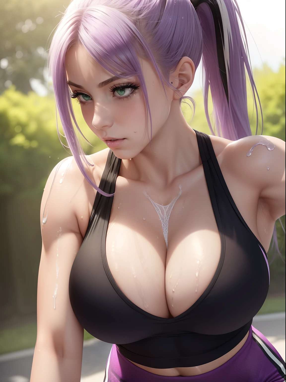 1girl, green eyes, cleavage, big boobs, soft abs, long light purple lilac hair in ponytail, extremely detailed, best quality, sweaty, dripping sweat, slightly muscular arms, black and white sports bra and black leggings, outside, sunny, close up, forward facing