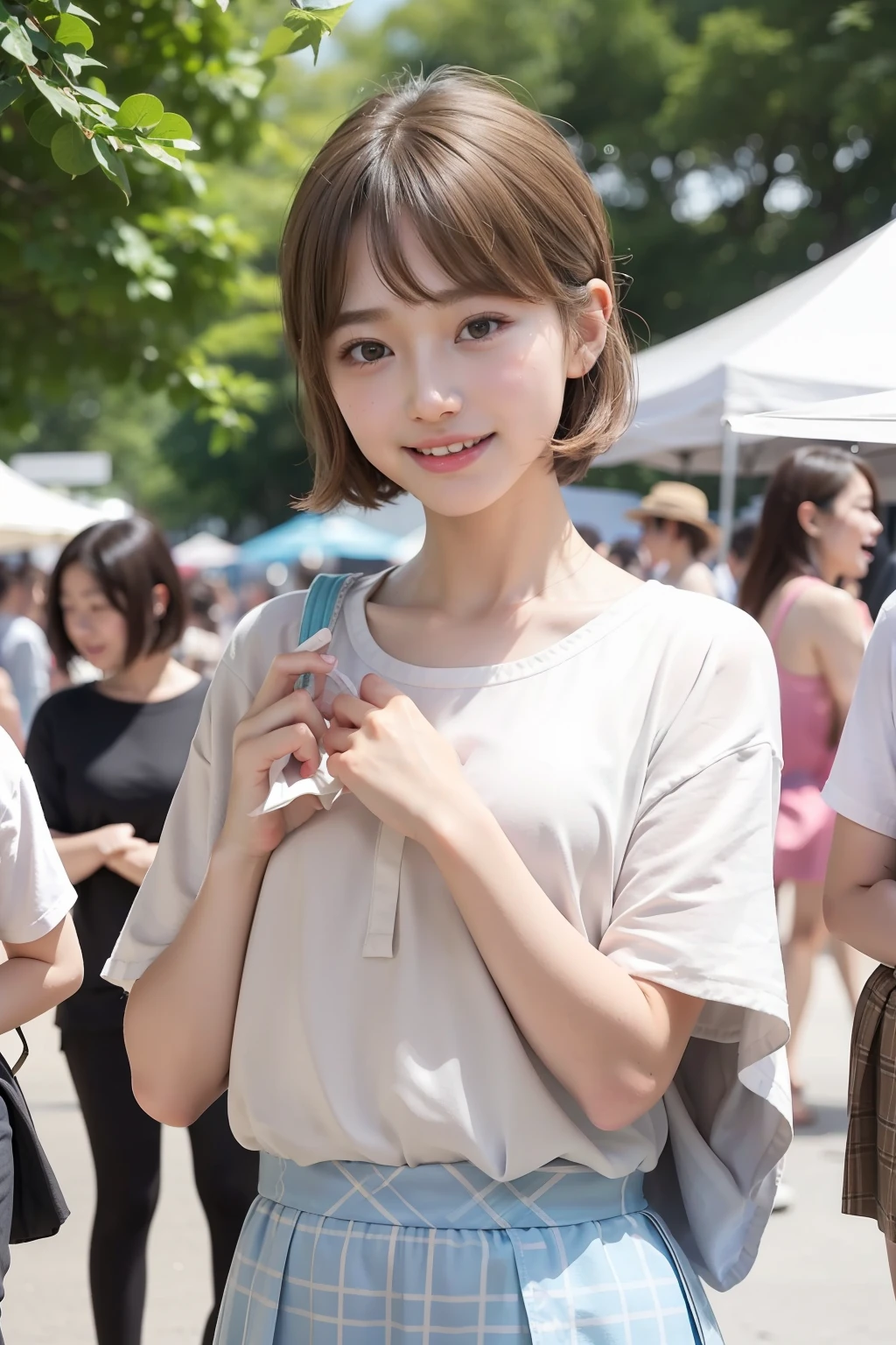 Photo Real、photoRealstic Brown-beige hair、Short hair、Decorated hair、Tied hair The contours of the face are round、drooing eyes、big eye、Young Face、a baby face、child-faced、a small face Sky Blue Clothing、shortsleeves、skirt by the、Decorated attire、Muffler towel 20yr old、Small body、young body、skinny body Unique Pose、free pose、Facial expressions to enjoy、Laughing expression、Mass sweat Background with、Lots of people、Crowded squares、summertime、Sunshine、outdoor festival、Summer Fes、Music Festivals