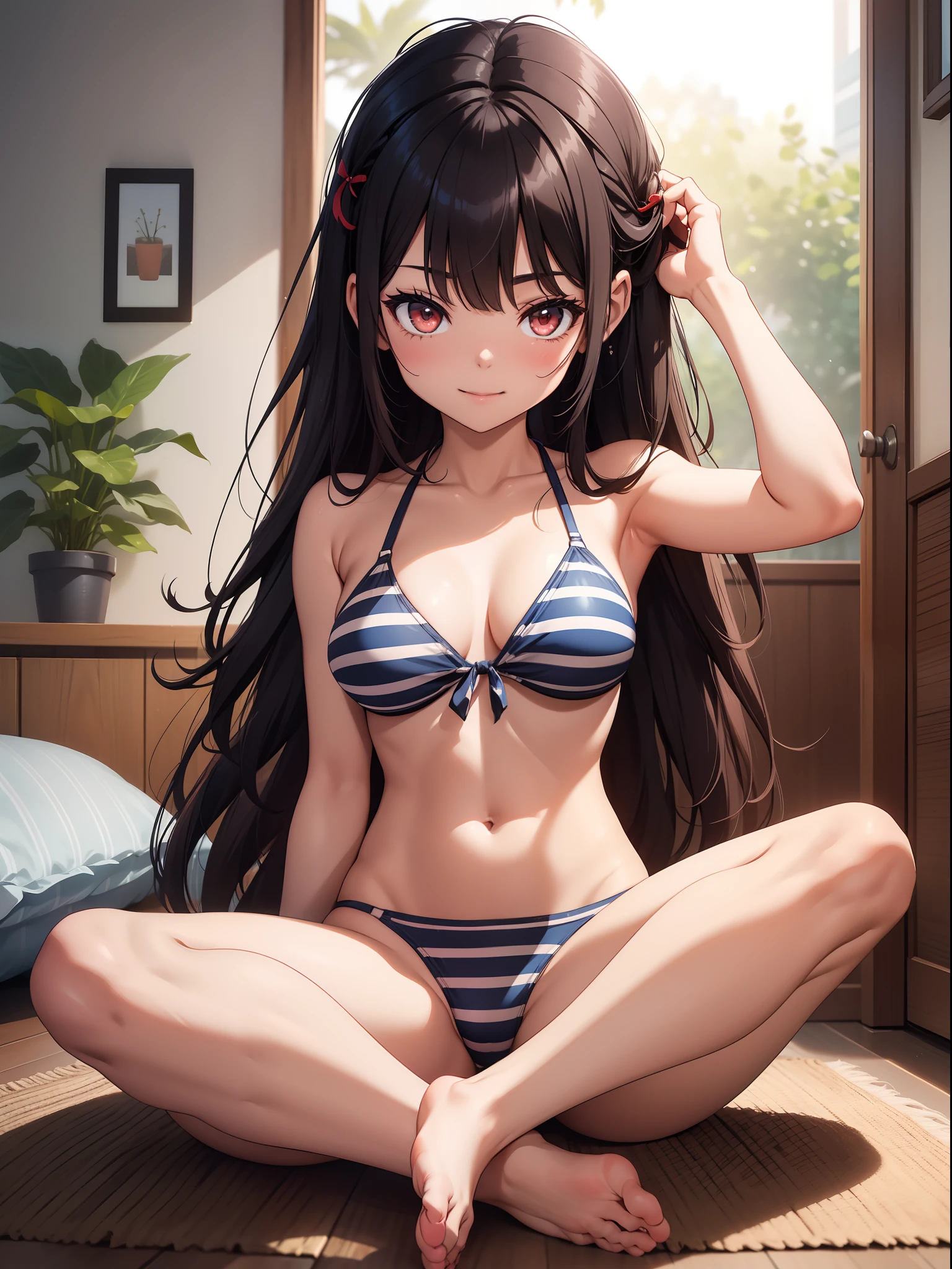 Top quality ultra-detailed CG art、Brown-skinned、Bikini with vertical stripes：１.２）、a room、Dark blue hair、Glossy hair、smooth hair、Big red eyes,Mid summer、Delicate body、breasts are small、Medium Hair、short in stature、It features a simple、Hairpin、ssmile、short in stature、Wink、relax vibe、Always cheerful and popular girl、cheerful girl、Tying hair、Beautiful feet、Screw hair、modeled