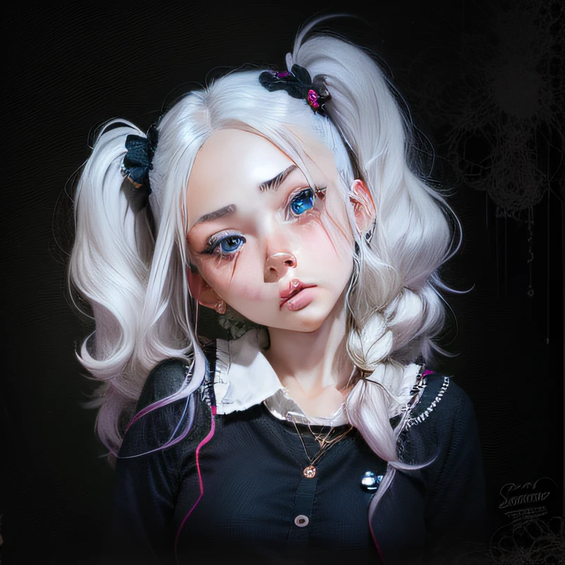 cute anime girl, white hair, blonde hair, in pigtails, goth, alt, pouting, septum piering, blushing, anime, pretty, beautiful, bright blue eyes, pouting lips