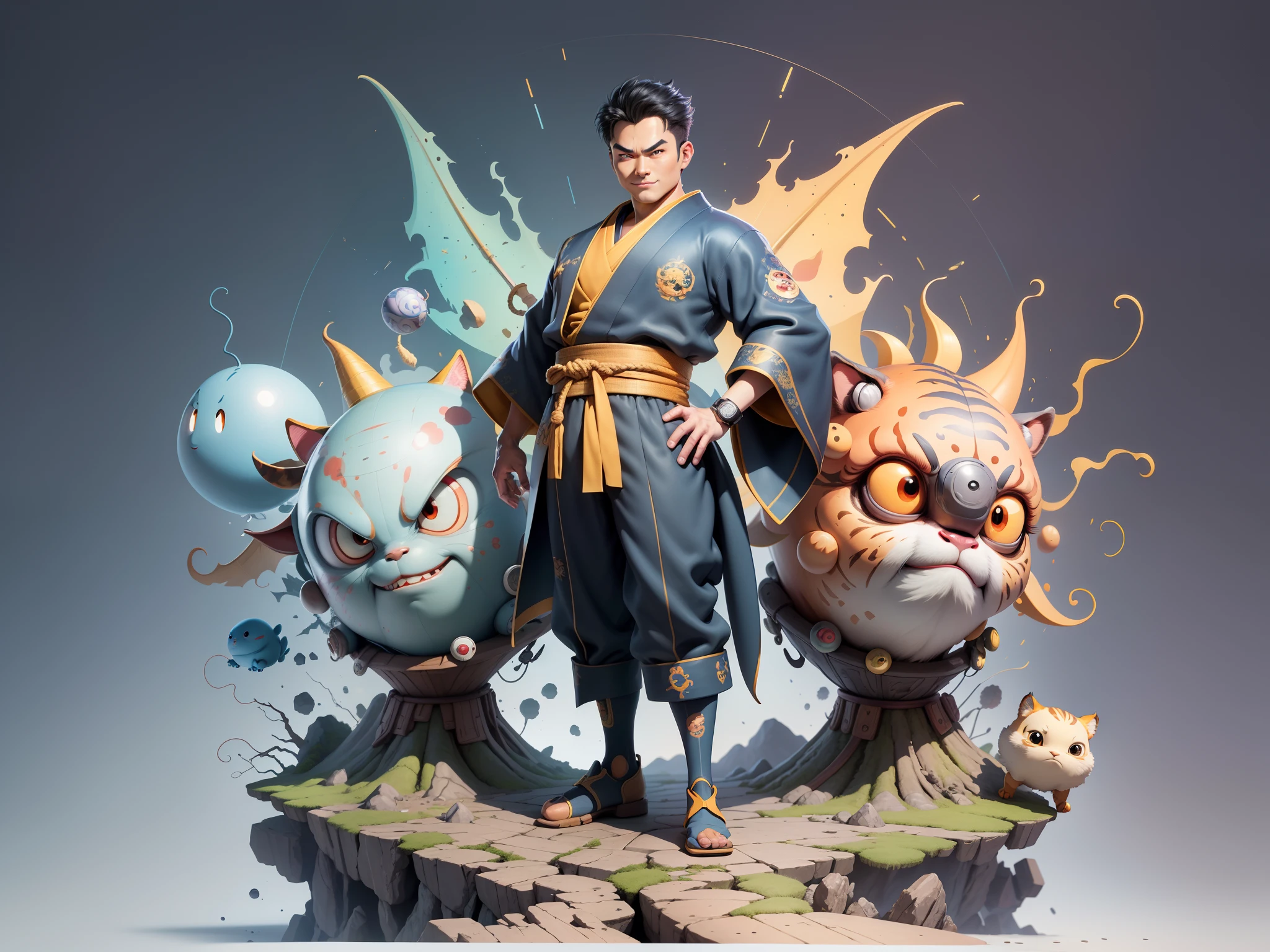 (Masterpiece), (Excellent), (Super Meticulous), (Full Body: 1.2), Super Young Man, Oriental Face, Japanese Kimono, Japanese Wind Thunder God, Dragon, Tiger, TV Anchor, Bust Portrait Illustration, Alone, Black Suit, Blue Tie, Slightly Chubby Face, Very Clean Face, No Beard, Black Super Short Hair, Black Eyes, Confident Smile, 3c Computer Sub-Products, iPad, iPhone, Digital Painting, 3D Character Design by Akira Toriyama and Mark Claireden and Pixar and Hayao Miyazaki, The illustration is a high-definition illustration in 4K resolution with very detailed facial features and cartoon-style visuals.