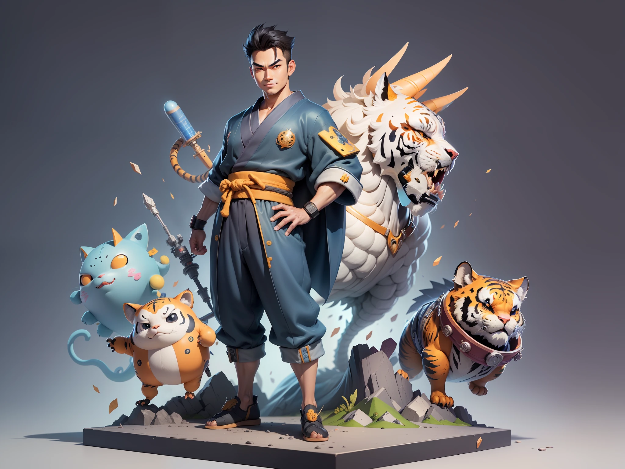 (Masterpiece), (Excellent), (Super Meticulous), (Full Body: 1.2), Super Young Man, Oriental Face, Japanese Kimono, Japanese Wind Thunder God, Dragon, Tiger, TV Anchor, Bust Portrait Illustration, Alone, Black Suit, Blue Tie, Slightly Chubby Face, Very Clean Face, No Beard, Black Super Short Hair, Black Eyes, Confident Smile, 3c Computer Sub-Products, iPad, iPhone, Digital Painting, 3D Character Design by Akira Toriyama and Mark Claireden and Pixar and Hayao Miyazaki, The illustration is a high-definition illustration in 4K resolution with very detailed facial features and cartoon-style visuals.