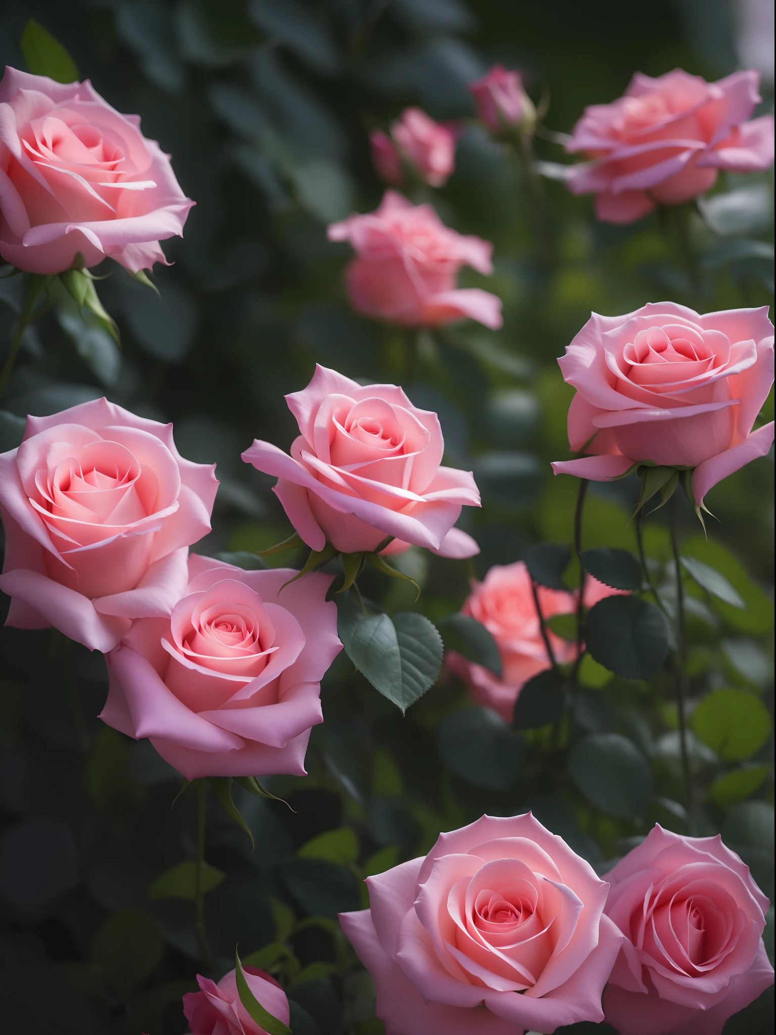 Pink roses grow on garden bushes, Pink Rose, roses in cinematic light, pink rosa, Rose Twinings, photo of a rose, Anna Nikonova, with soft pink colors, photo taken with canon 5d, soft light 4 k in pink, taken with a pentax k1000, Incredibly beautiful, Melanchonic Rose Soft Light