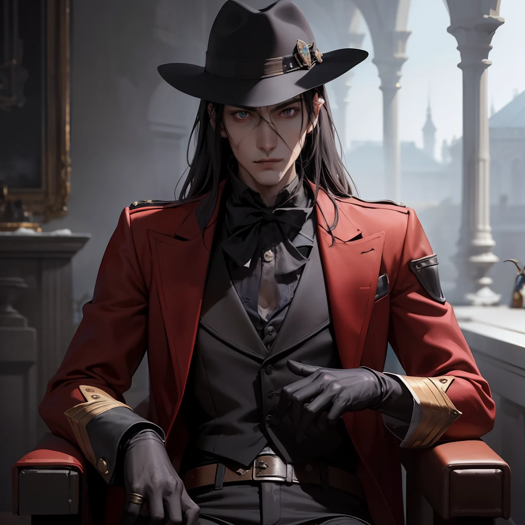 Edward Castlevania, the enigmatic protagonist of your game, emerges as the last surviving descendant of the legendary Castlevania vampire lineage that faded into history and millennia ago. Residing in the 1500 AD era, he aligns himself with the secretive organization known as "The Saber Cross." Tasked with eradicating vampiric threats preying upon humanity, Edward wields his unique dual-transforming pistols, seamlessly transitioning them into formidable swords. His existence bridges the gap between the supernatural and human worlds, adding an intriguing layer of complexity to his character as he navigates his eternal struggle he's also wearing a red jacket tuxedos and have a fedora hat