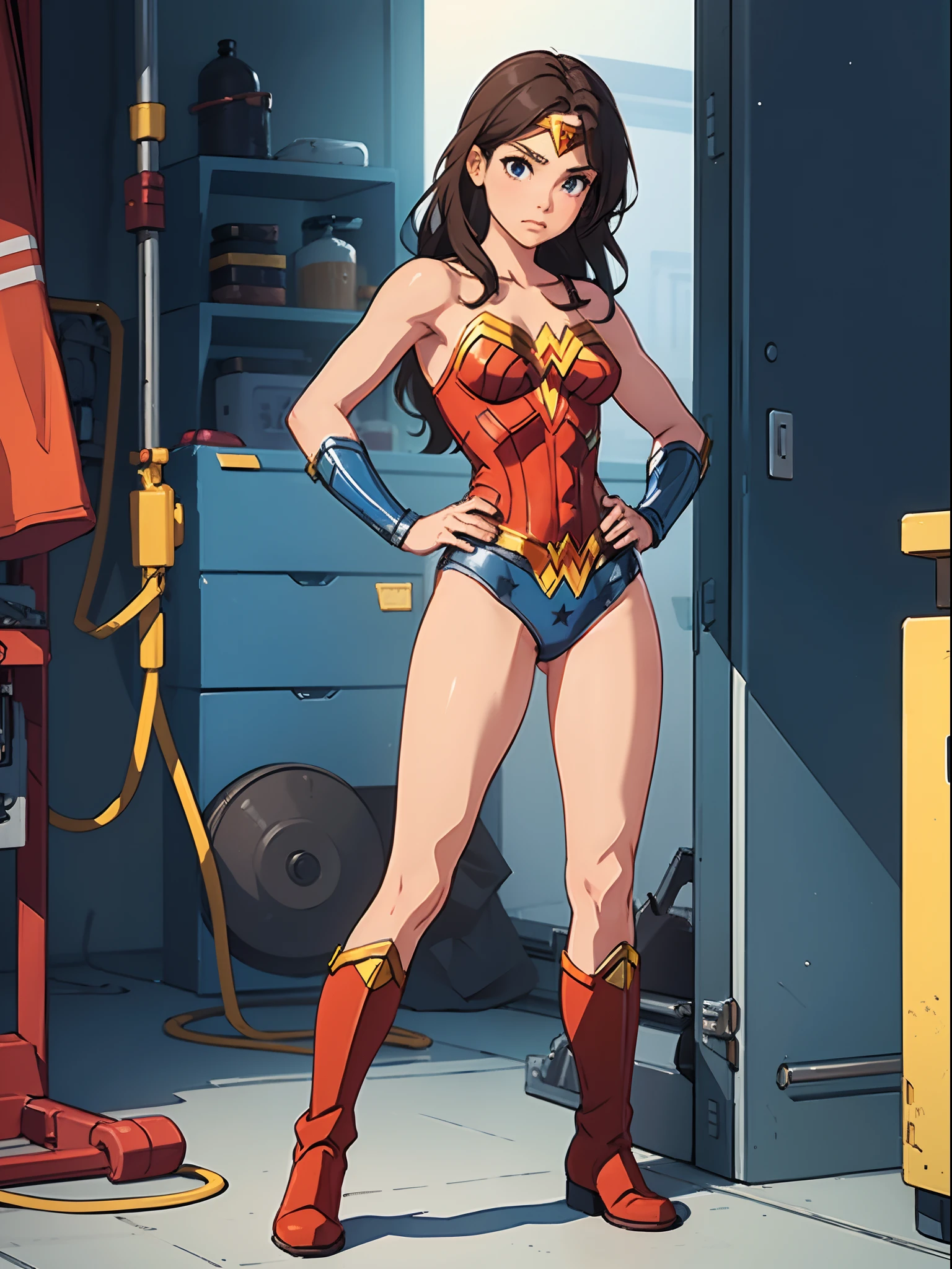 1girl, solo, ((leotard, bare legs)), boots, standing, hands on hip, Wonder Woman