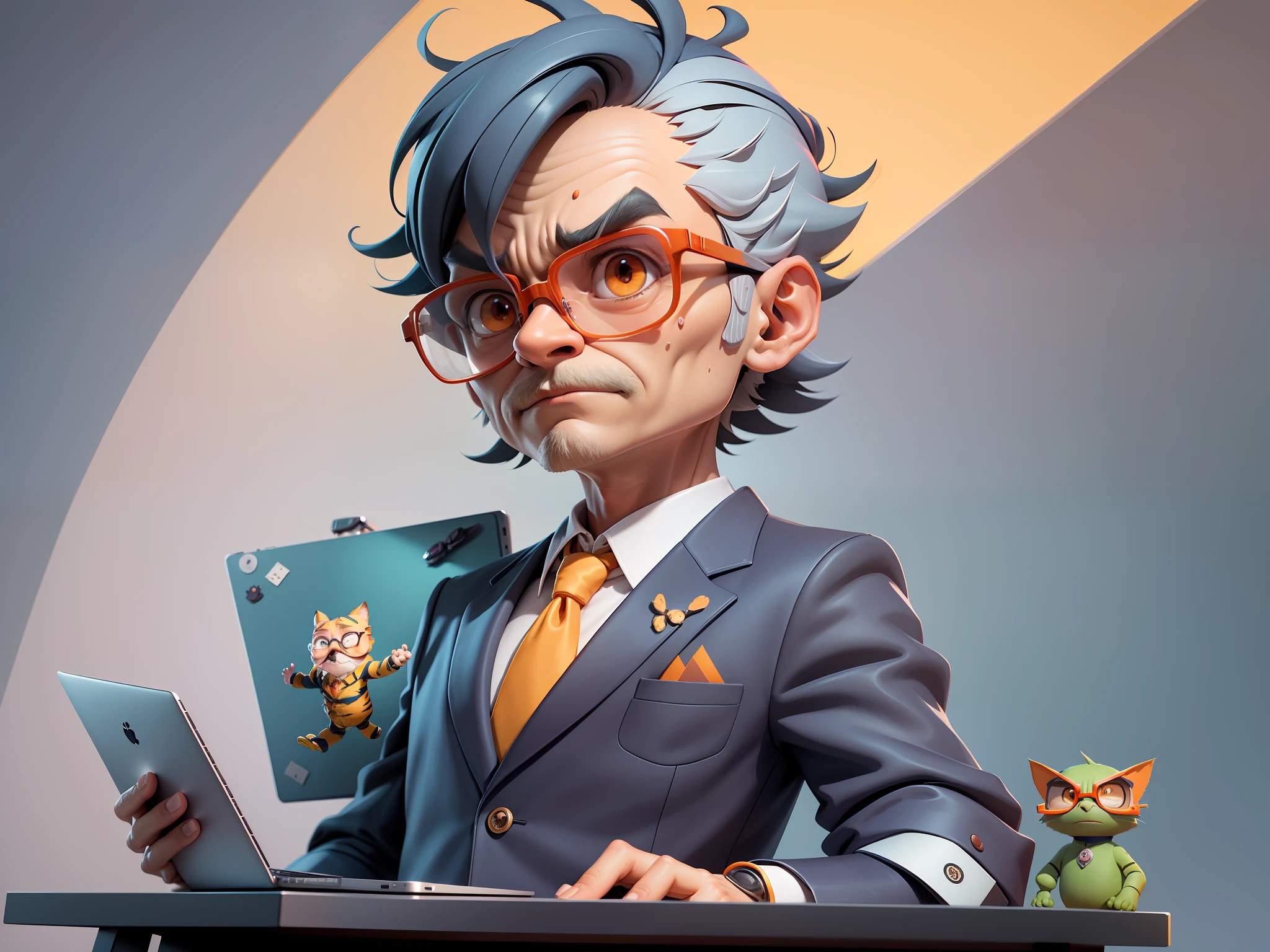 A young man in a suit, Short hair and glasses sat at his desk,holding laptop,digitial painting,tigre,3D character design by Mark Clairen and Pixar and Hayao Miyazaki and Akira Toriyama,4K HD illustration,Very detailed facial features and cartoon-style visuals。
