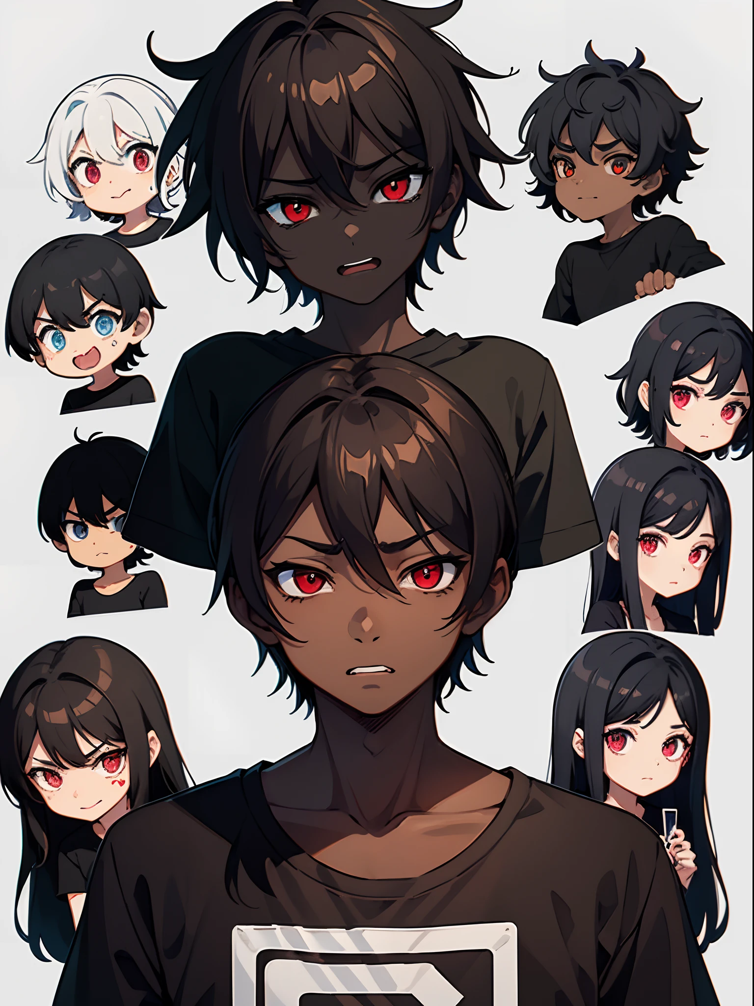 a man in a black T-shirt with red eyes, dark skin tone, cartoon chib, digital painting, cute sticker, different expressions, 
five expressions (happy, mad, neutral, sad, shy), white background